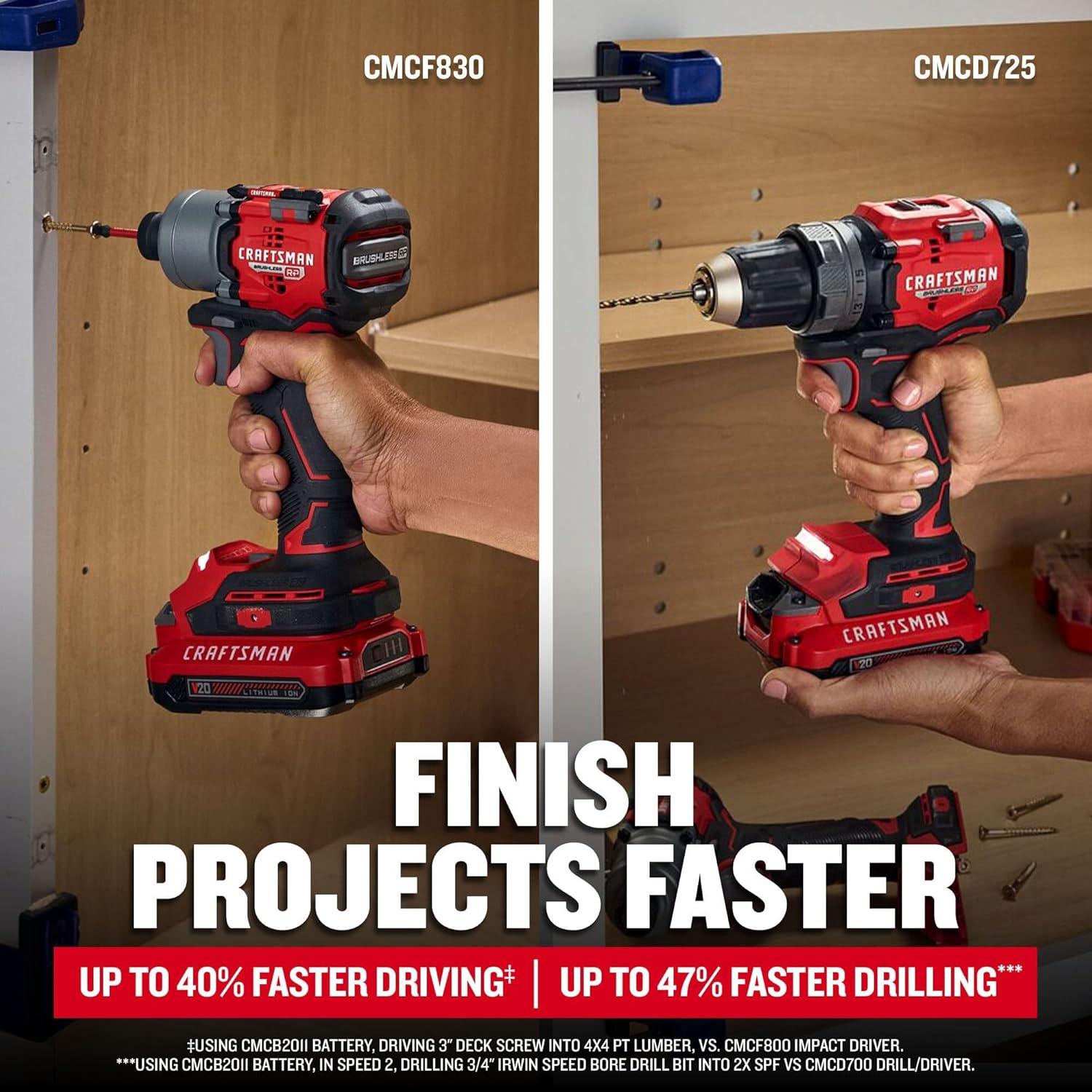 image:imageCRAFTSMAN 20V RP Cordless Drill Driver and Impact Driver Brushless 2Tool Power Tool Combo Kit LED Work Light Includes Battery and Charger CMCK2530C2