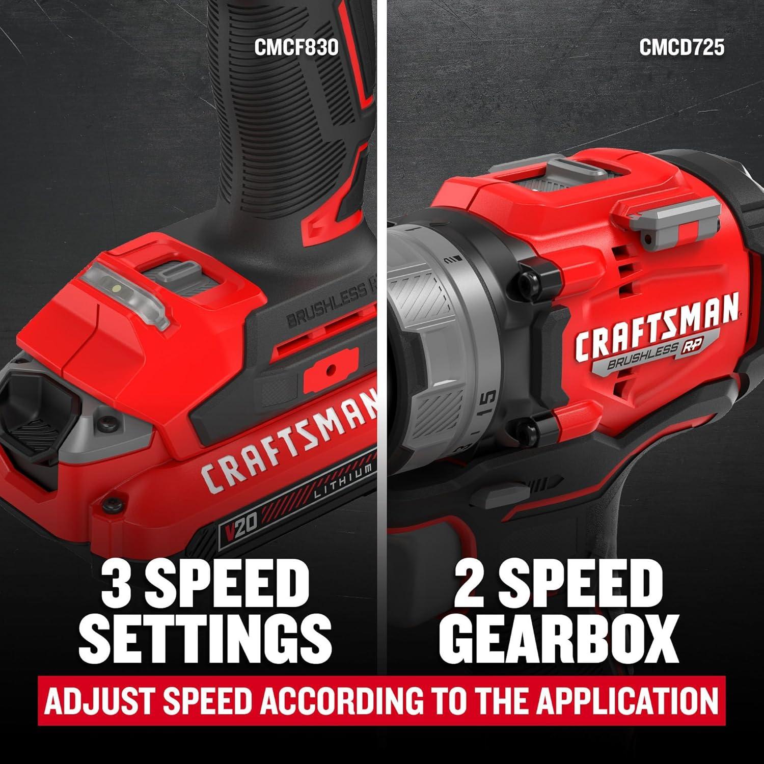 image:imageCRAFTSMAN 20V RP Cordless Drill Driver and Impact Driver Brushless 2Tool Power Tool Combo Kit LED Work Light Includes Battery and Charger CMCK2530C2