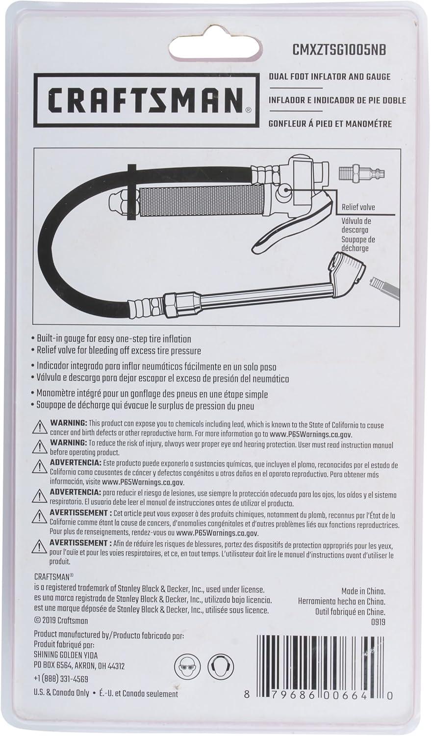 image:imageCRAFTSMAN Dual Foot Inflator and Gauge 20120 PSI Builtin Relief Valve 14Inch NPT Air Inlet