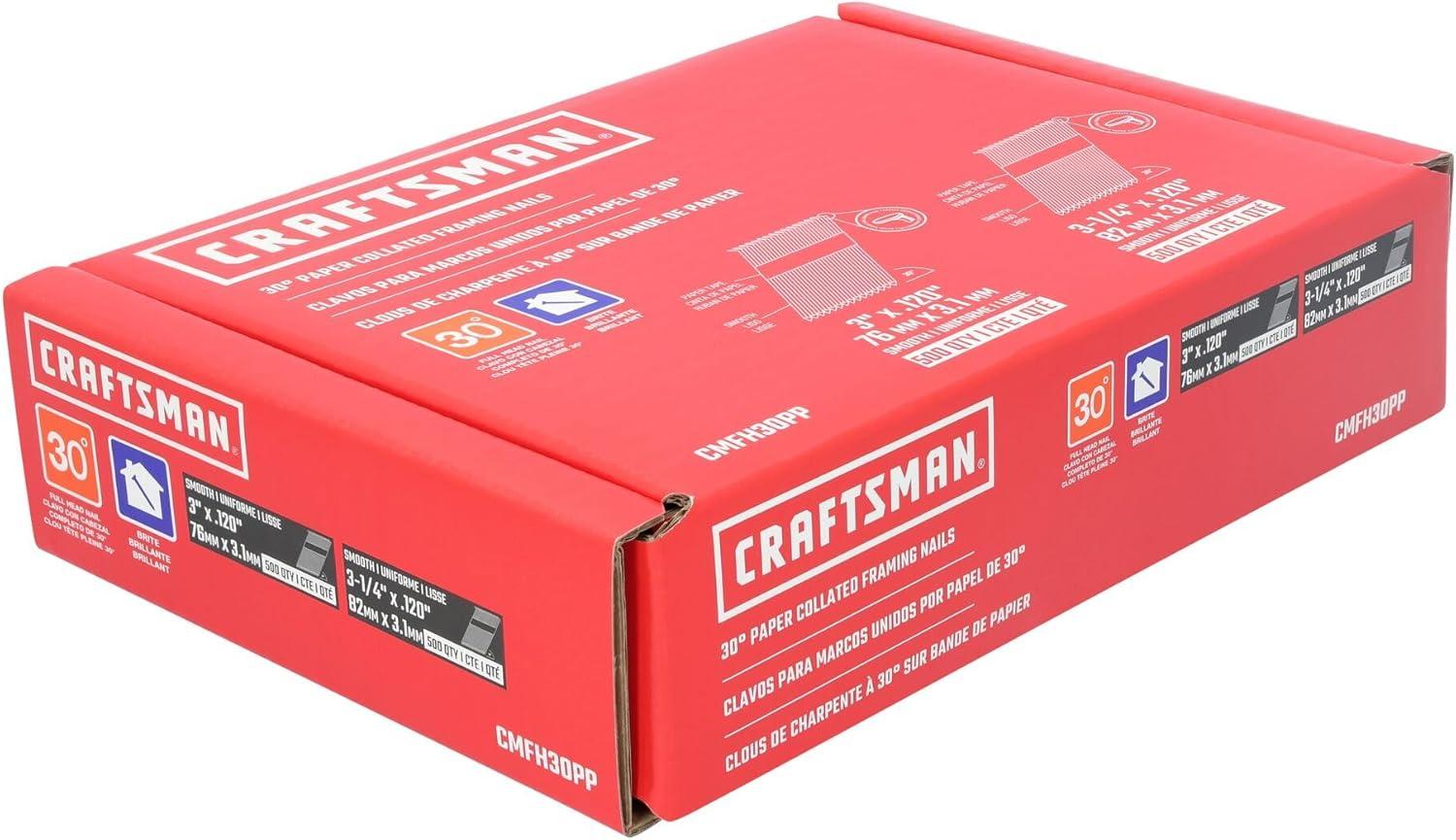 image:imageCRAFTSMAN Framing Nails Paper Collated Smooth 30 Degree 314 inch x 012 inch and 3 in x 012 inch 500 Qty Each CMFH30PP
