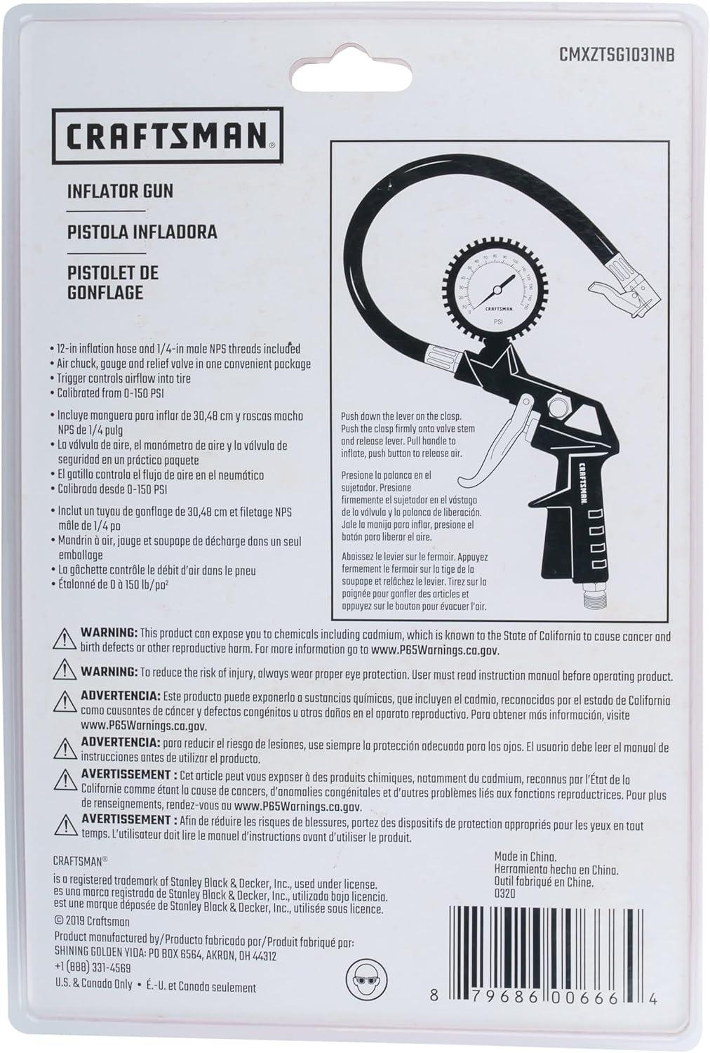 image:imageCRAFTSMAN Inflator Gun 0150 PSI 3in1 MultiFunction Gauge Air Chuck and Relief Valve ColdResistant 12in Inflation Hose Versatile Attachments and 14in NPS Male Threads