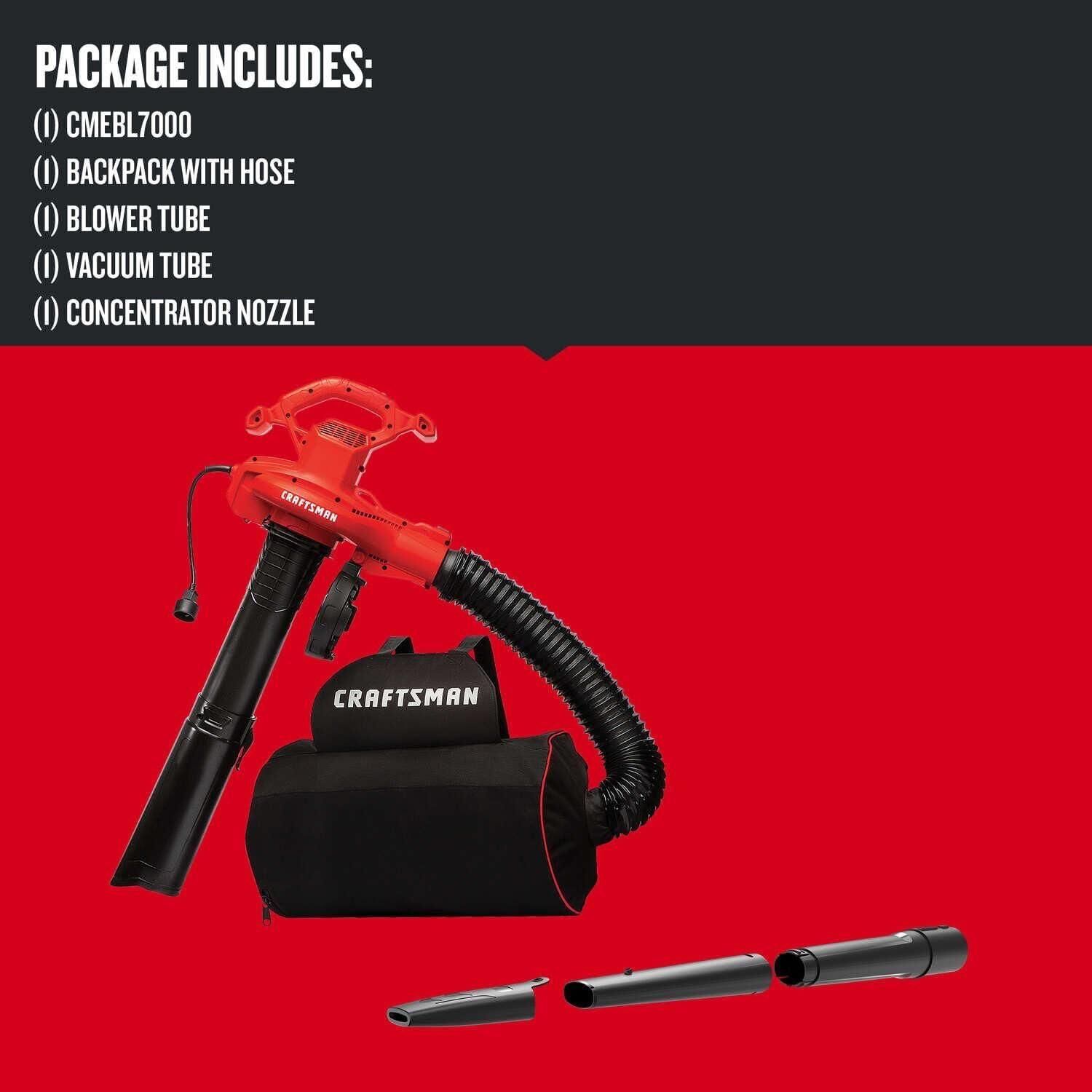 image:imageCRAFTSMAN Leaf Blower Leaf Vacuum and Mulcher 3in1 Backpack Blower Up to 230 MPH 12 Amp Corded Electric CMEBL700230 MPH BlowerVAC