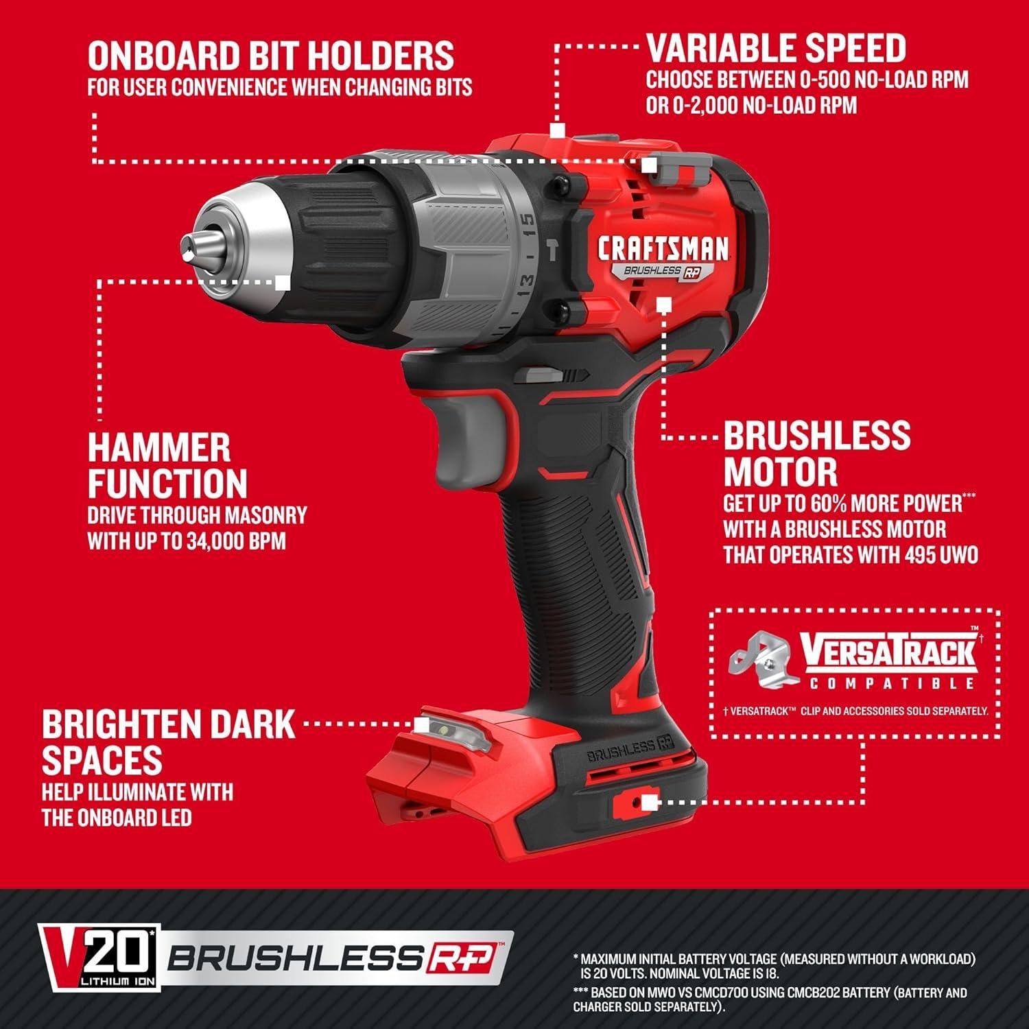 image:imageCRAFTSMAN V20 12 Inch Cordless Hammer Drill Bare Tool Only CMCD726B