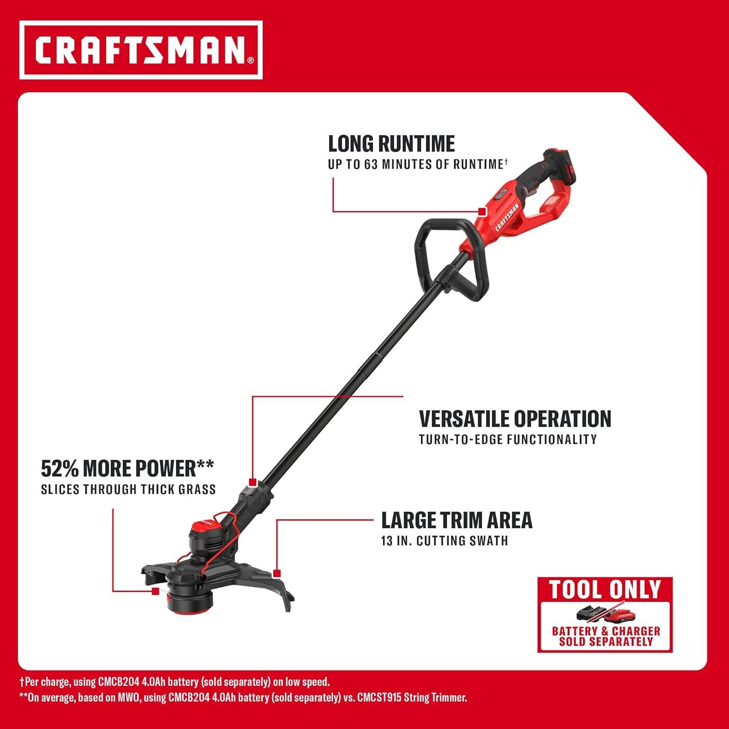 image:imageCRAFTSMAN V20 2 in 1 String Trimmer and Lawn Edger 13 in Cordless Weed Eater with Up to 63 Minutes Runtime Easy Handling Tool Only CMCST901B