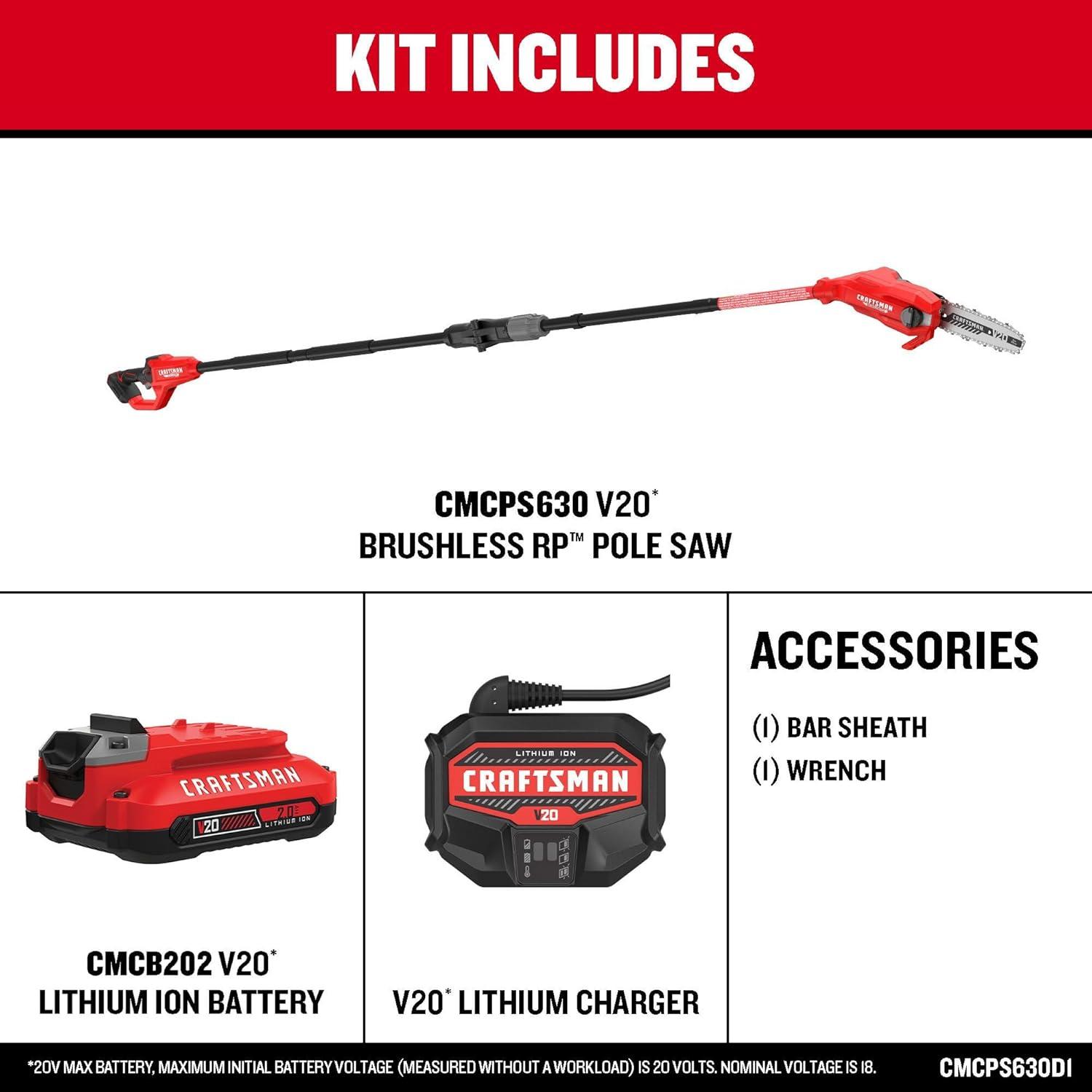image:imageCRAFTSMAN V20 8 FT Cordless Pole Chainsaw for Tree Trimming with Battery and Charger Included CMCPS630D1