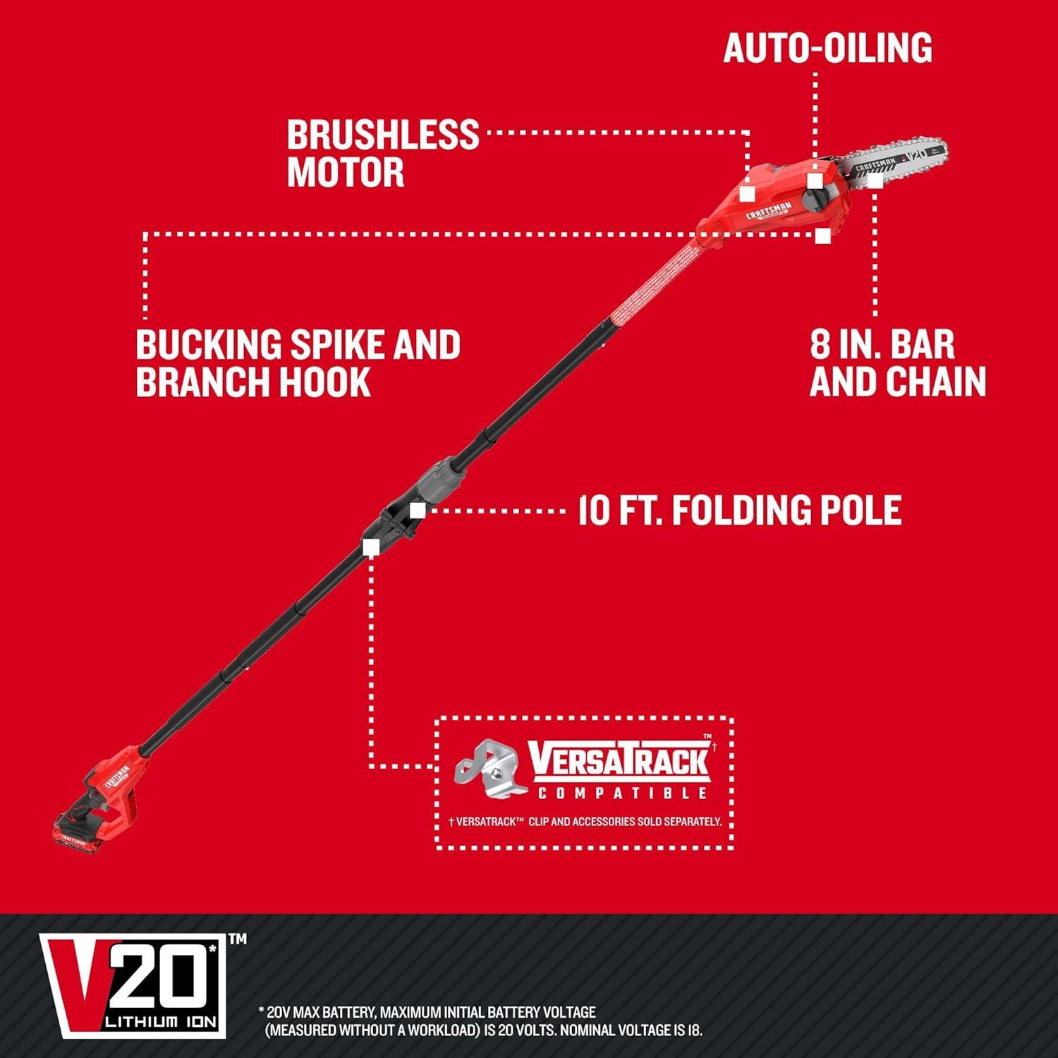 image:imageCRAFTSMAN V20 8 FT Cordless Pole Chainsaw for Tree Trimming with Battery and Charger Included CMCPS630D1