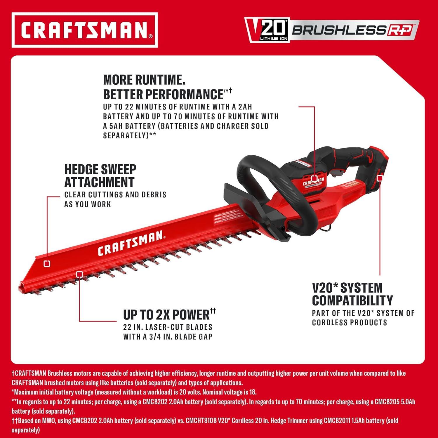 image:imageCRAFTSMAN V20 Brushless RP 22 in Cordless Hedge Trimmer Lightweight Bush Trimmer with Hedge Sweep Attachment Up to 2X Power Longer Runtime Tool Only CMCHT830B