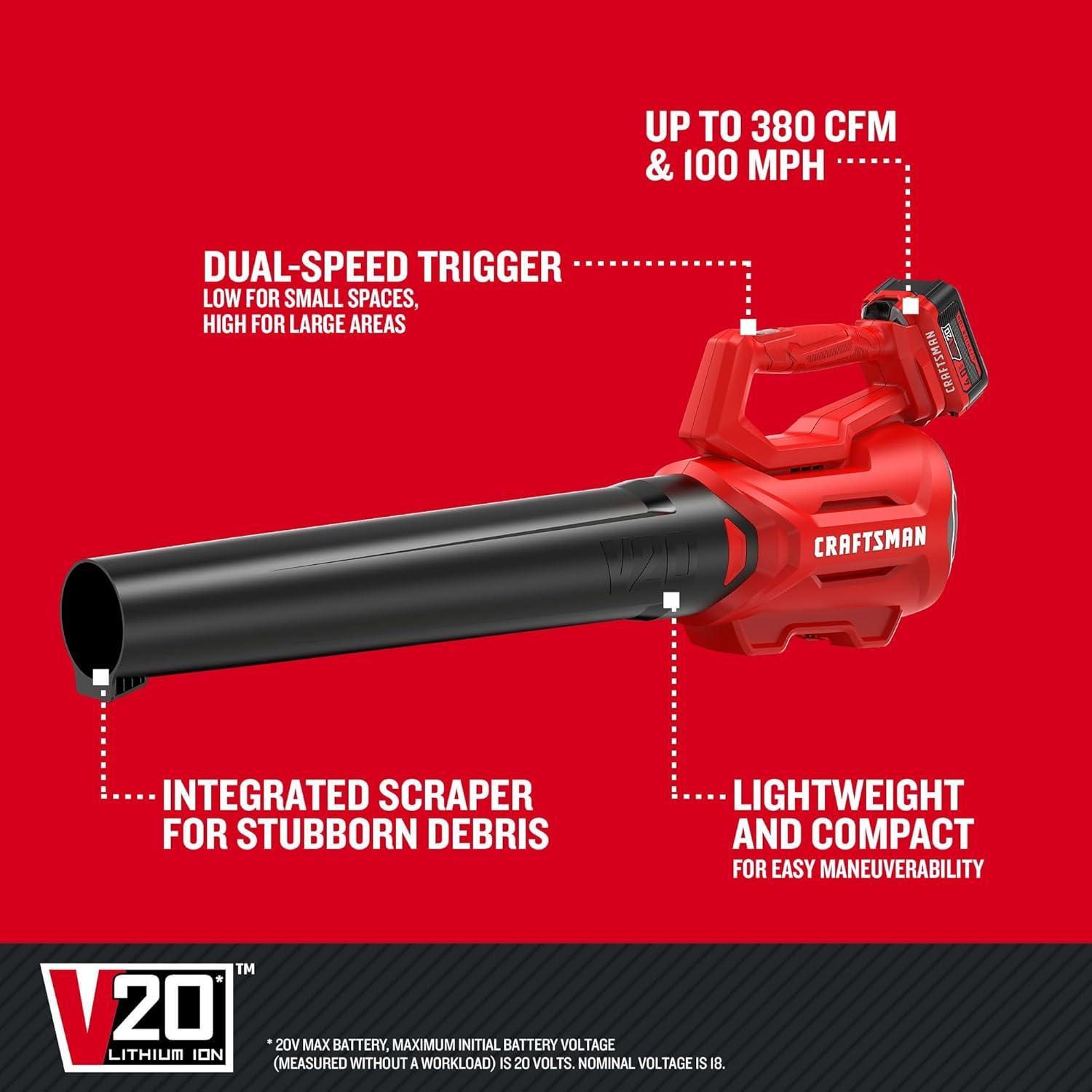 image:imageCRAFTSMAN V20 Cordless Axial Leaf Blower Kit Includes 40 Ah Battery and Charger 100 MPH and 380 CFM Clearing Power Lightweight 2 Speed Trigger CMCBL700M1