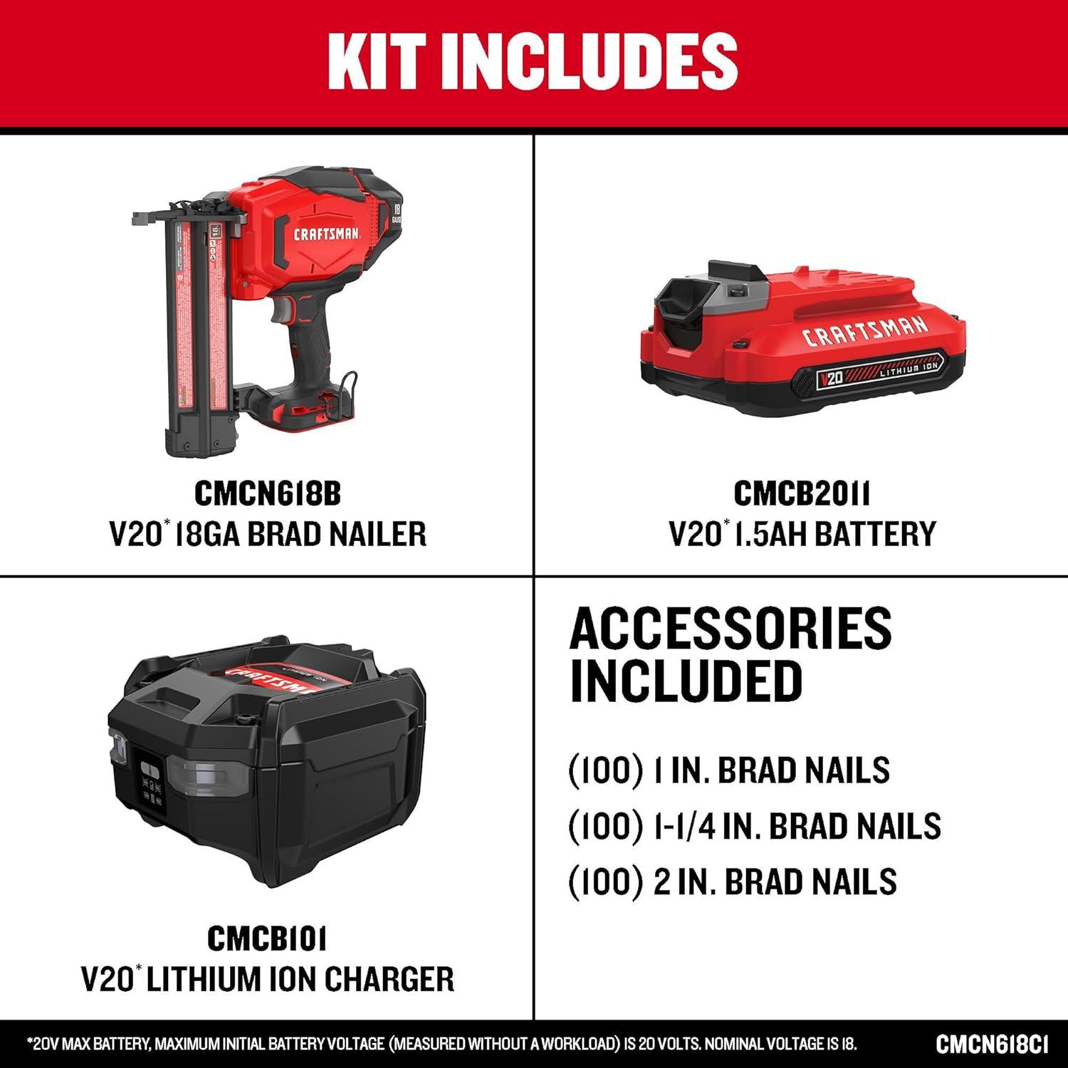 image:imageCRAFTSMAN V20 Cordless Brad Nailer 18 Gauge Nail Gun with Battery and Charger CMCN618C118GA Brad Nailer Kit