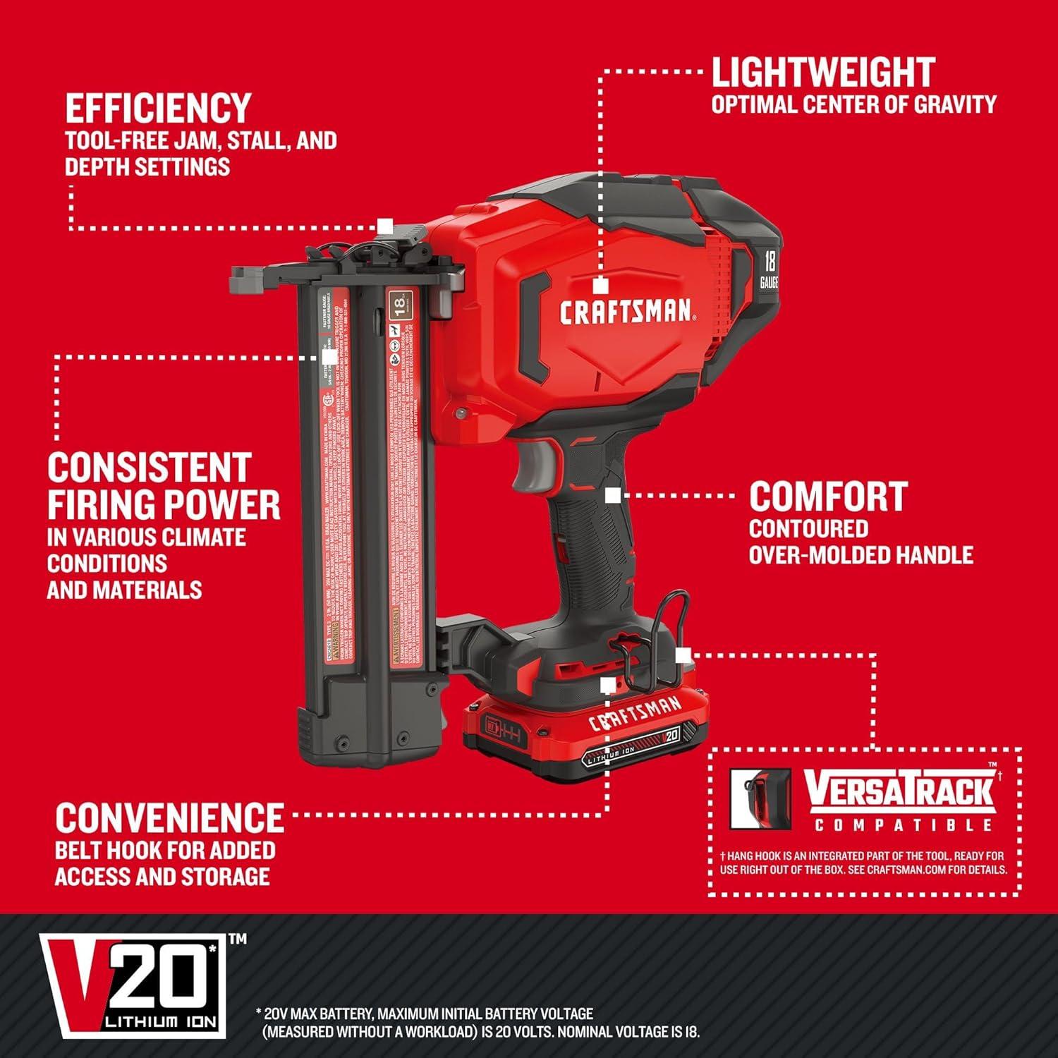 image:imageCRAFTSMAN V20 Cordless Brad Nailer 18 Gauge Nail Gun with Battery and Charger CMCN618C118GA Brad Nailer Kit