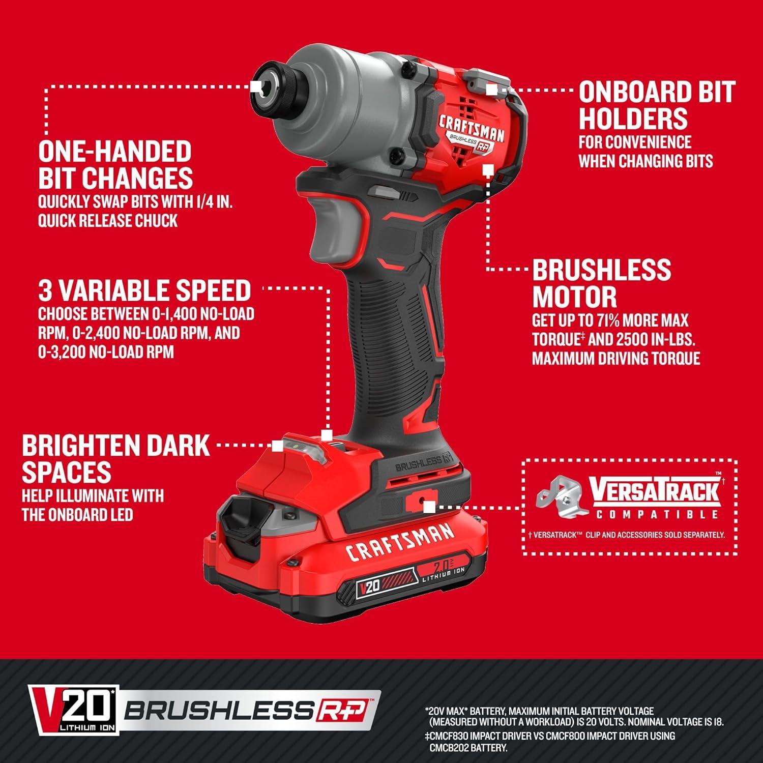 image:imageCRAFTSMAN V20 Cordless Brushless Impact Driver Set 14 Impact Driver Includes 2 Batteries and Charger CMCF830D2