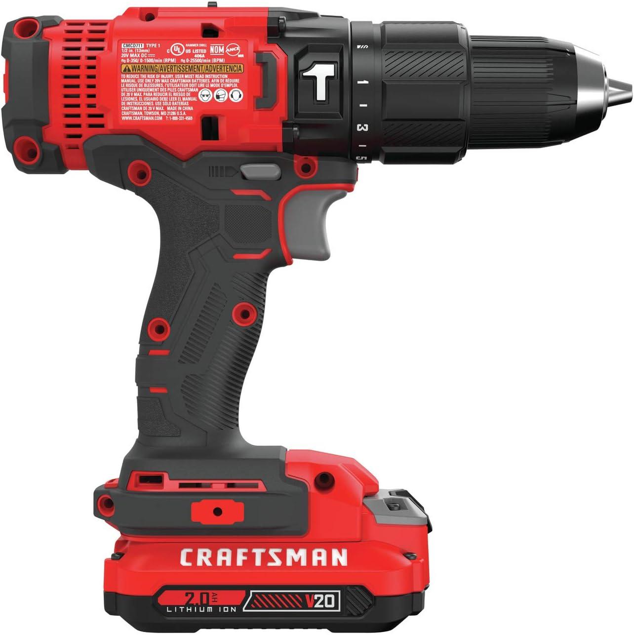 image:imageCRAFTSMAN V20 Cordless Hammer Drill Kit 12 inch 2 Batteries and Charger Included CMCD711C2Hammer Drill Kit Only