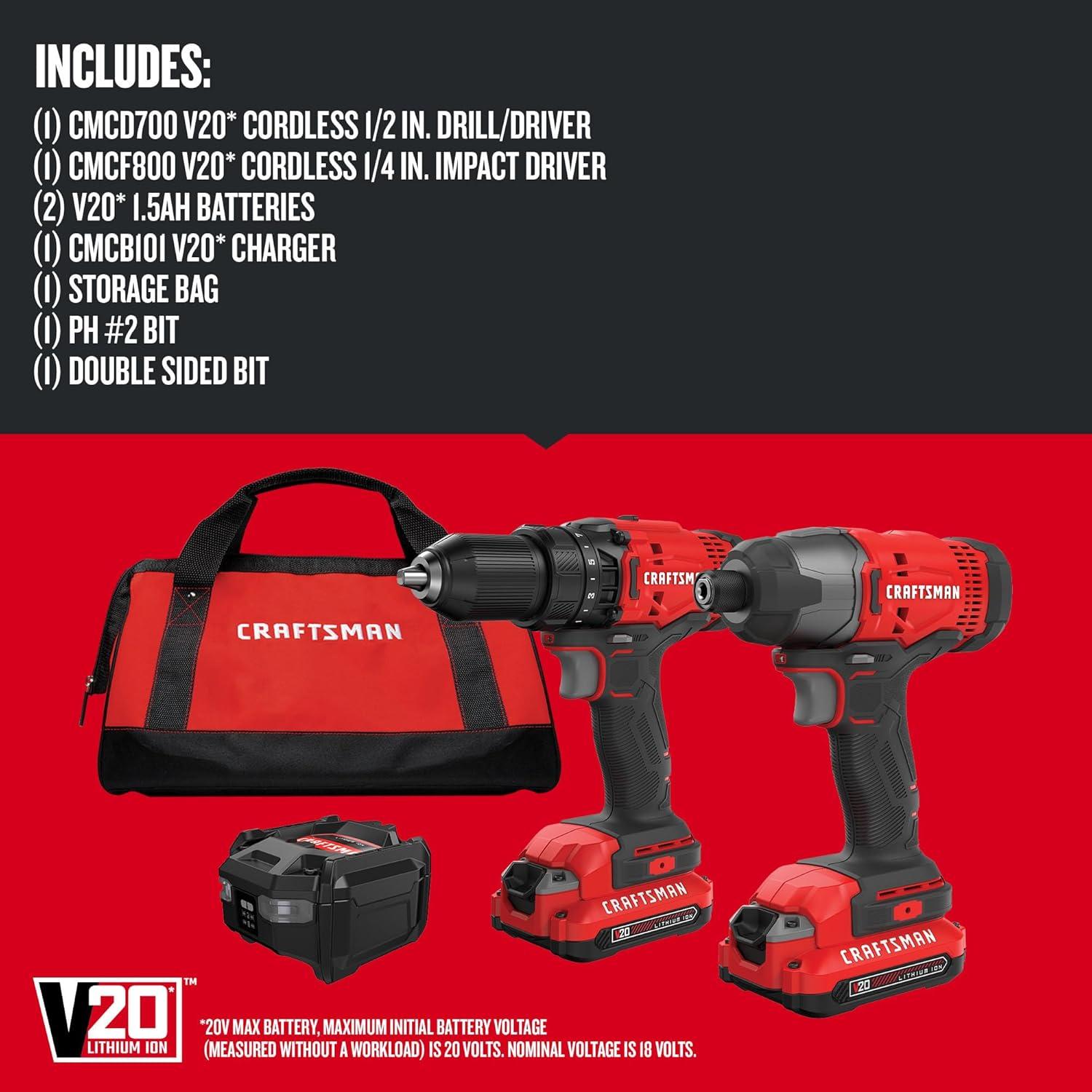 image:imageCRAFTSMAN V20 MAX Cordless Drill Driver and Impact Driver Set Power Tool Set with 2 Batteries and Charger LED Work Light 2 Bits Bag CMCK200C22Tool Combo Kit Only