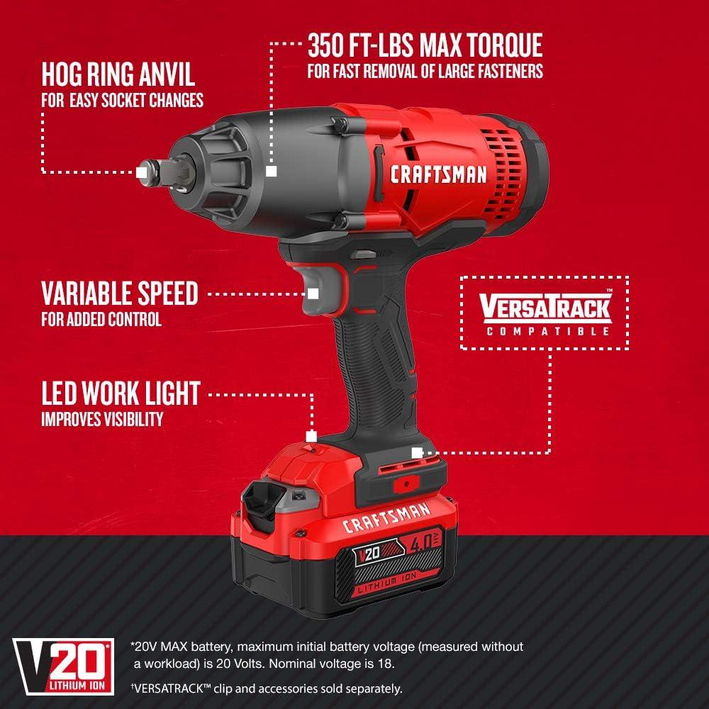 image:imageCRAFTSMAN V20 RP 12 inch Cordless Impact Wrench Kit Brushless 4Ah Battery and Charger Included CMCF900M1Impact Wrench Kit