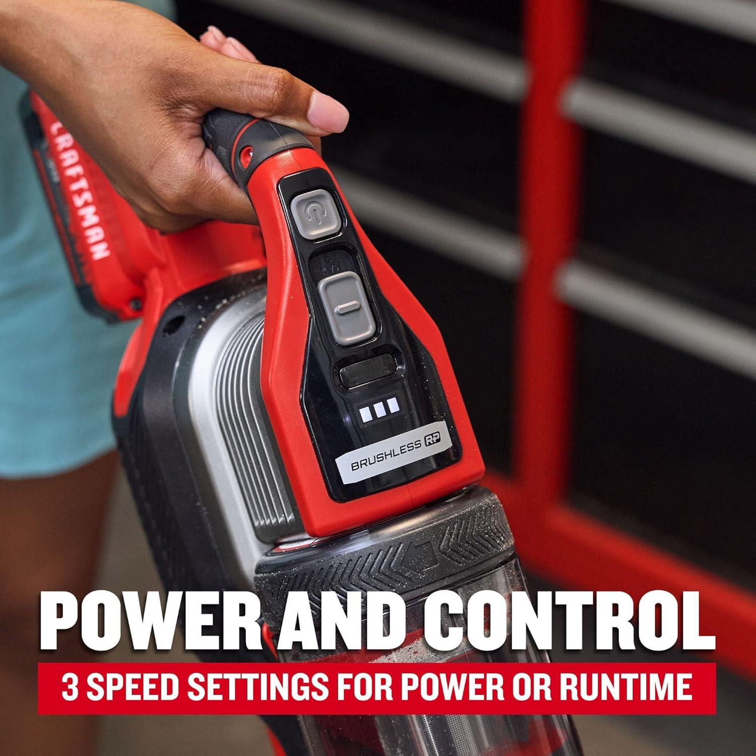 image:imageCRAFTSMAN V20 Stick Vacuum Cordless Rechargeable3 Speed Lightweight Powerful Suction Brushless Extended Runtime Battery and Charger Included CMCVS501M1