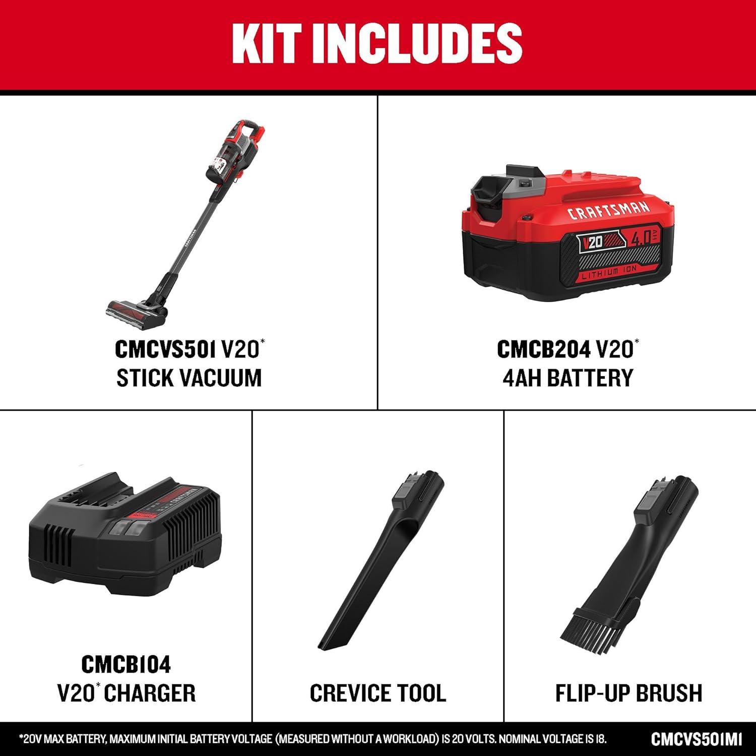 image:imageCRAFTSMAN V20 Stick Vacuum Cordless Rechargeable3 Speed Lightweight Powerful Suction Brushless Extended Runtime Battery and Charger Included CMCVS501M1