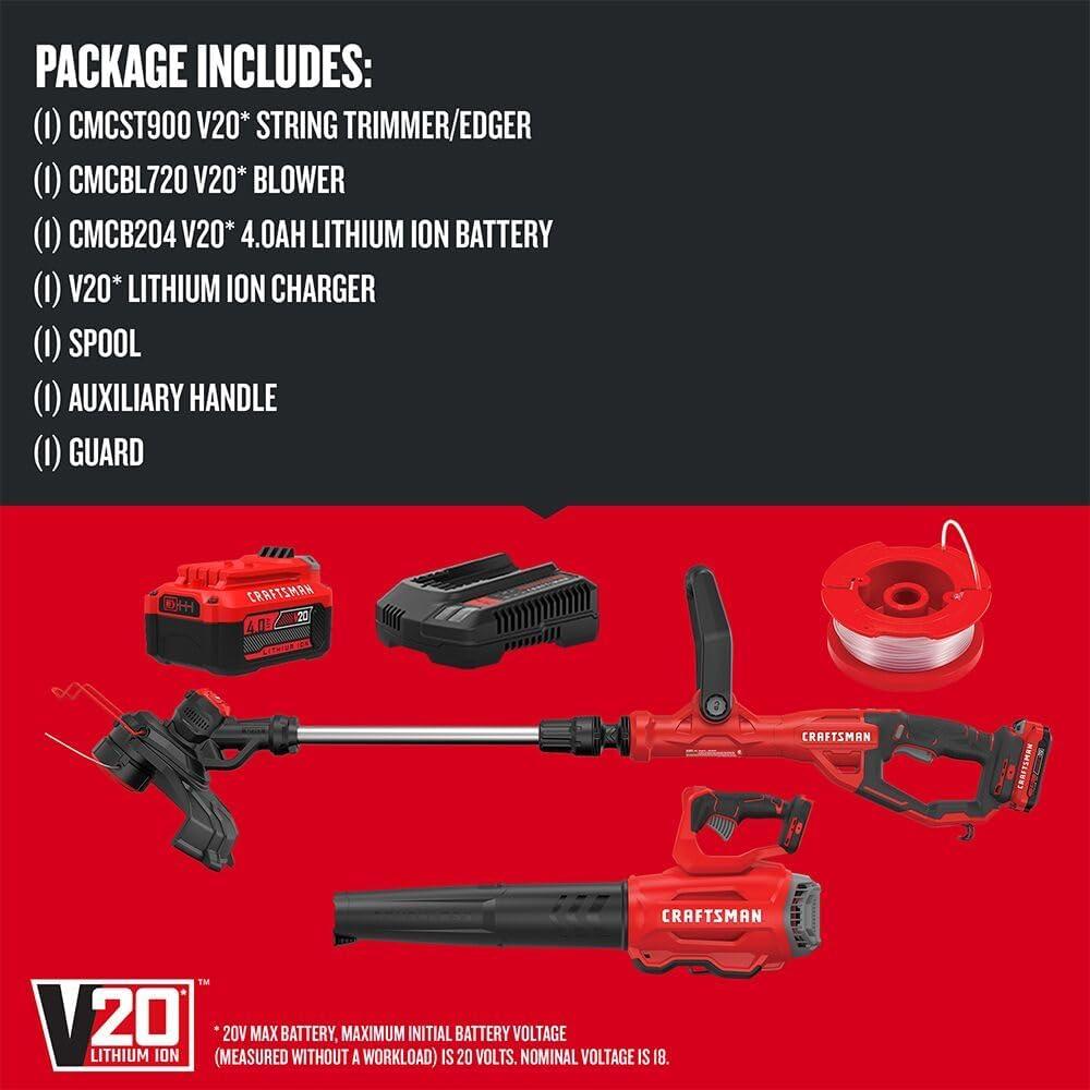 image:imageCRAFTSMAN V20 String Trimmer and Lawn Edger Kit with 4Ah Battery and Charger 13 in Cordless Weed Wacker with Up to 63 Minutes Runtime Lightweight CMCST901M120V Extended Runtime Trimmer Blower Kit