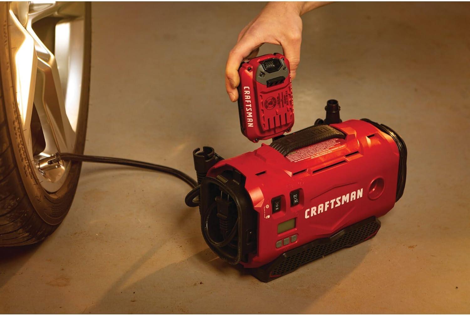 image:imageCRAFTSMAN V20 Tire Inflator Portable Air Compressor Car Air Pump 3 Modes Tire Pump Cordless 120V Corded and 12V Car Adapter Battery Sold Separately CMCE520BPortable Reciprocating Tankless Electric