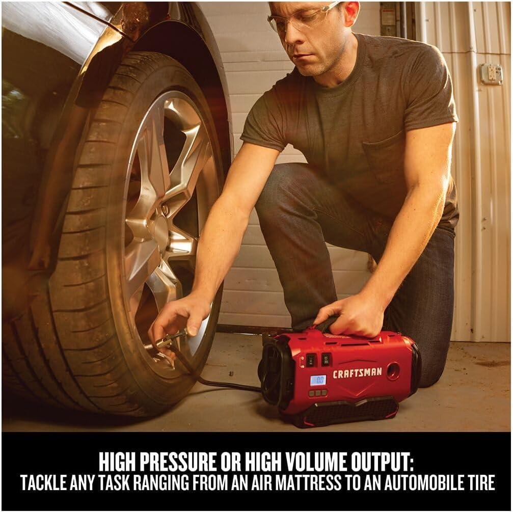 image:imageCRAFTSMAN V20 Tire Inflator Portable Air Compressor Car Air Pump 3 Modes Tire Pump Cordless 120V Corded and 12V Car Adapter Battery Sold Separately CMCE520BPortable Reciprocating Tankless Electric