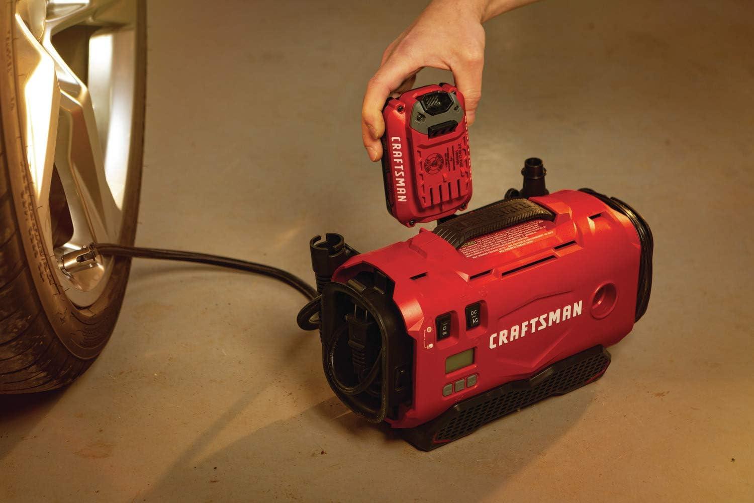 image:imageCRAFTSMAN V20 Tire Inflator Portable Air Compressor Car Air Pump 3 Modes Tire Pump Cordless 120V Corded and 12V Car Adapter Battery Sold Separately CMCE520BPortable Reciprocating Tankless Electric