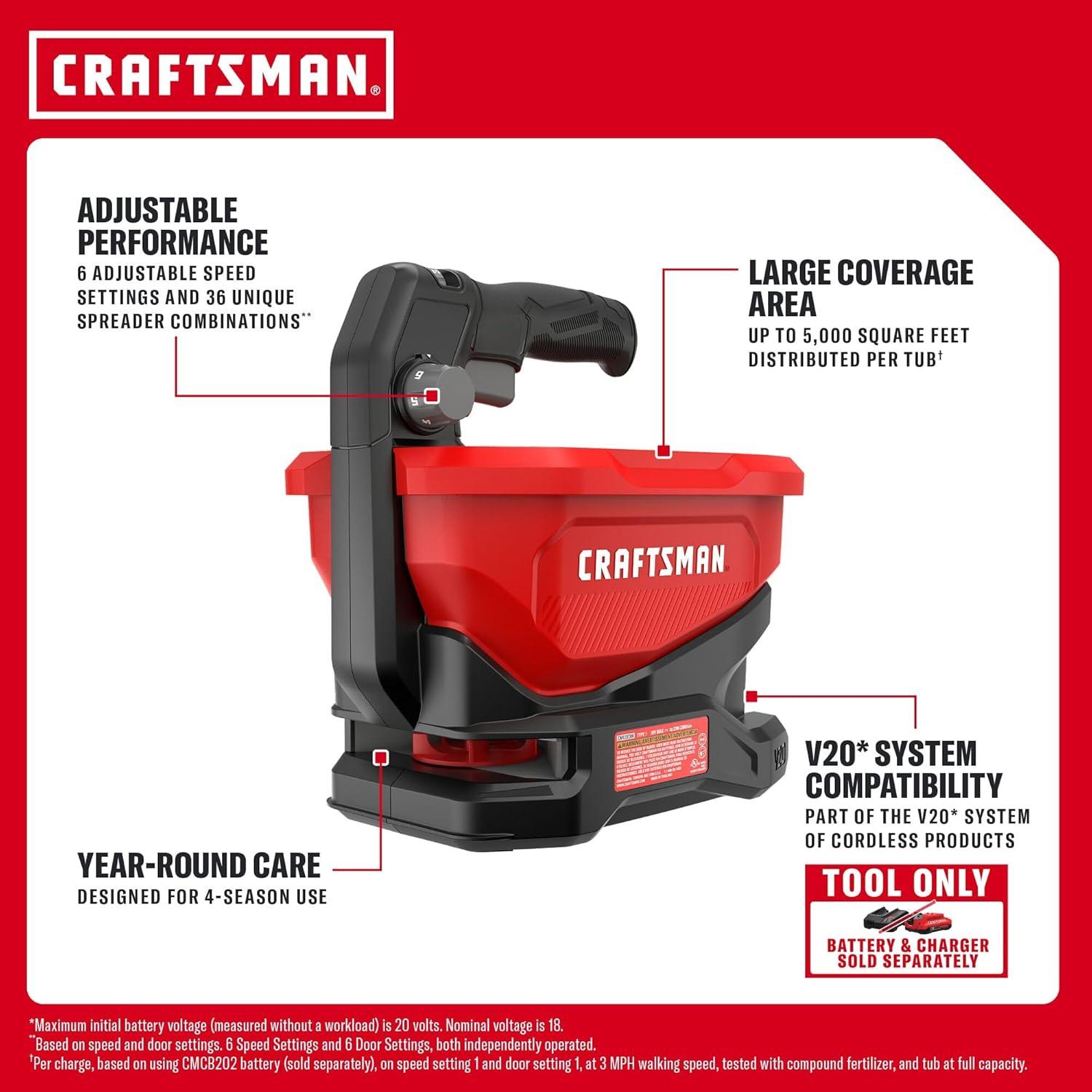 image:imageCraftsman V20 Four Season Seed Spreader Handheld 12 Gal 6 Speed Fertilizer Spreader Salt Ice Melt Covers up to 5000 sqf per Tub Tool Only CMCOE300B