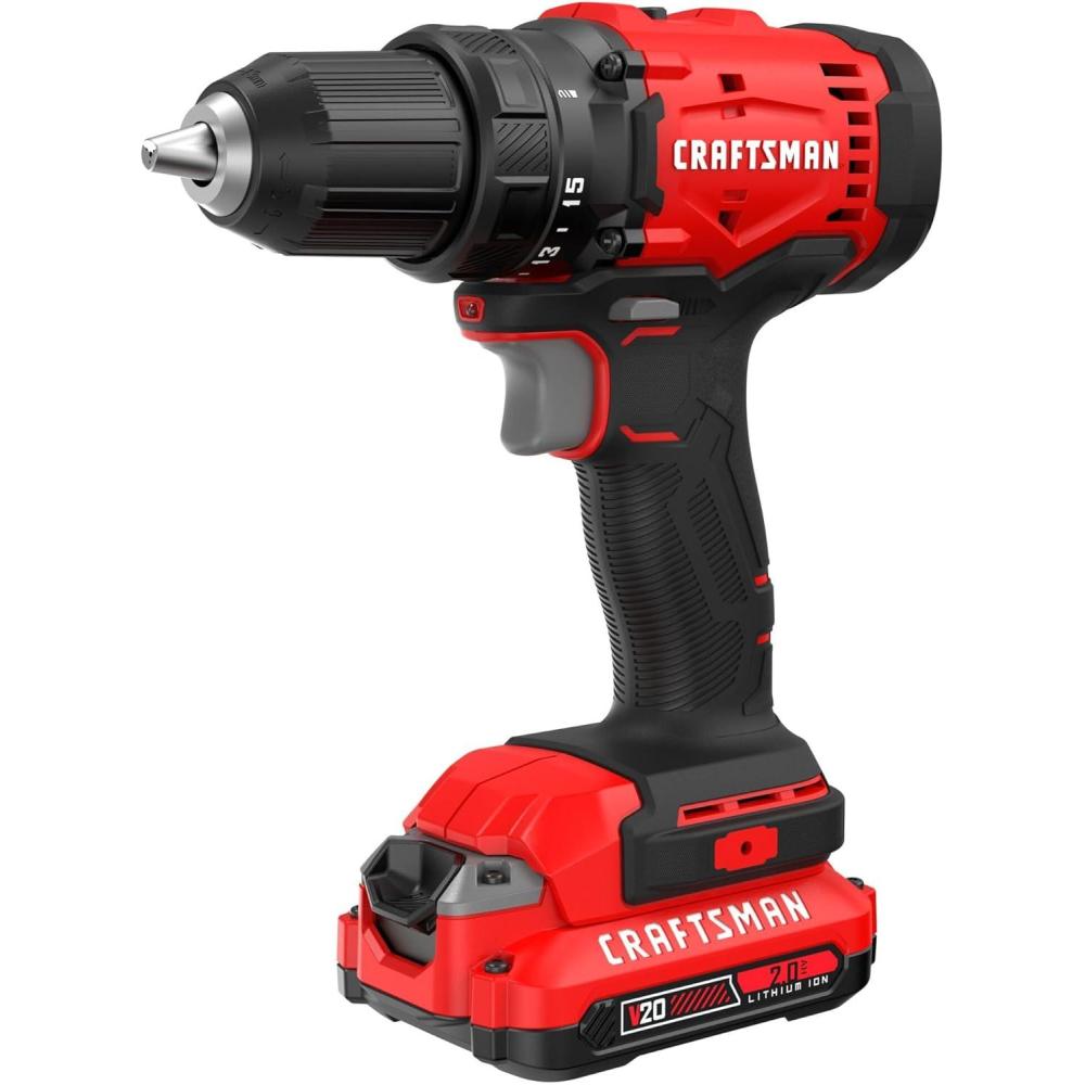 image:imageCRAFTSMAN V20 12 in Cordless Drill Set With 20 Ah Battery Charger and Double Ended Bit LED Light Long Runtime Ergonomic Power Drill Driver CMCD702D1