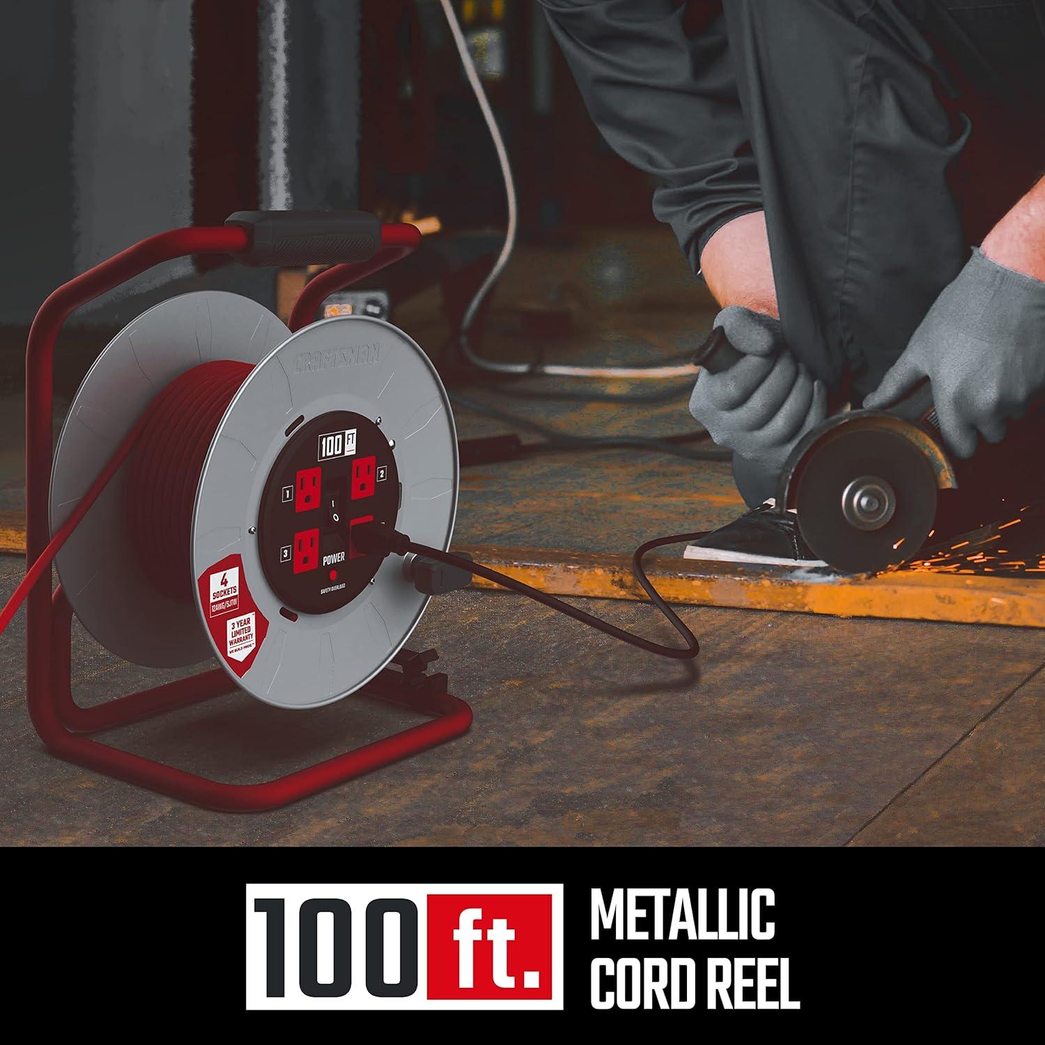 image:imageCRAFTSMAN 100 Ft Contractor Retractable Extension Cord Reel with 4 Outlets amp Heavy Duty 12AWG SJTW Cable100 ft