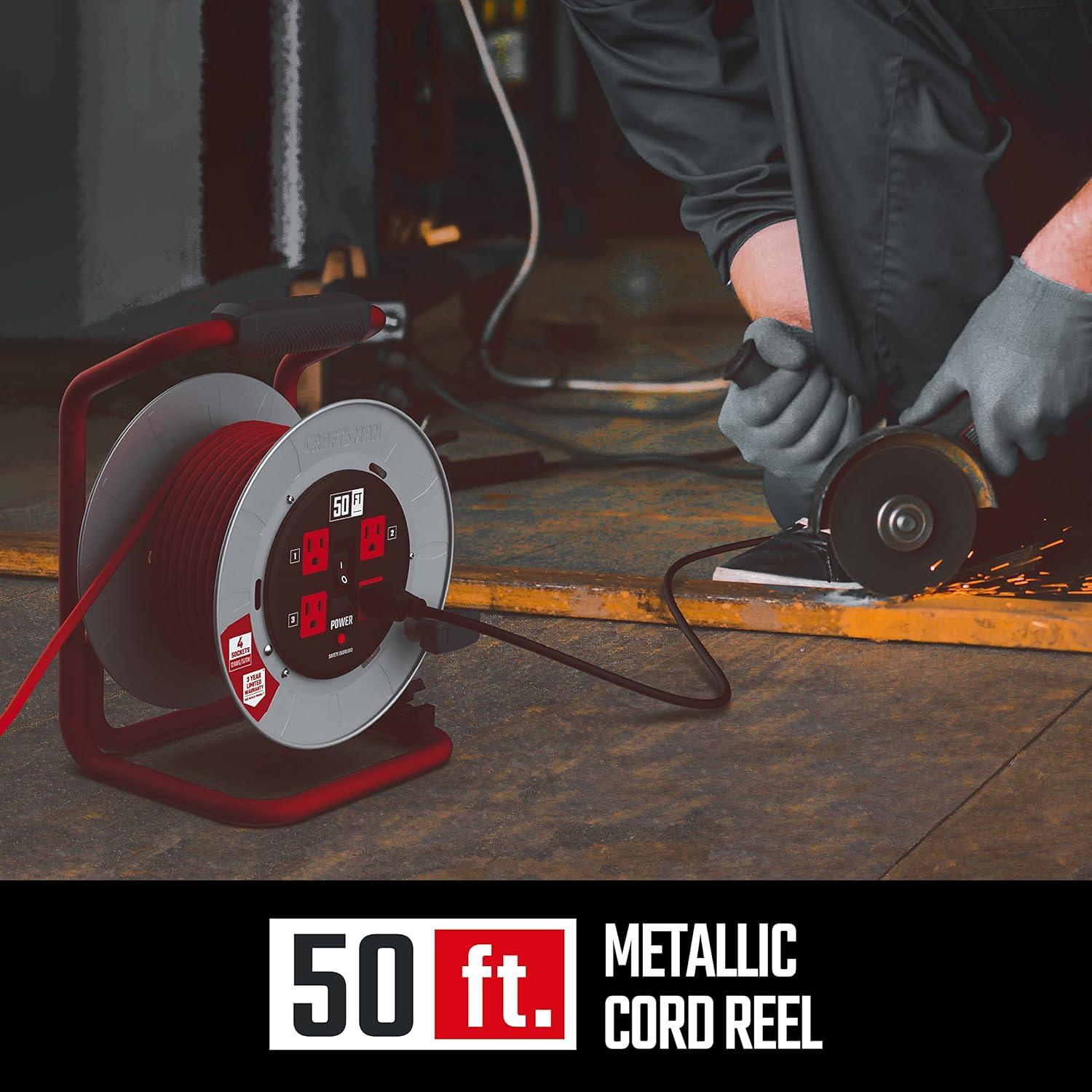 image:imageCRAFTSMAN 100 Ft Contractor Retractable Extension Cord Reel with 4 Outlets amp Heavy Duty 12AWG SJTW Cable50 ft