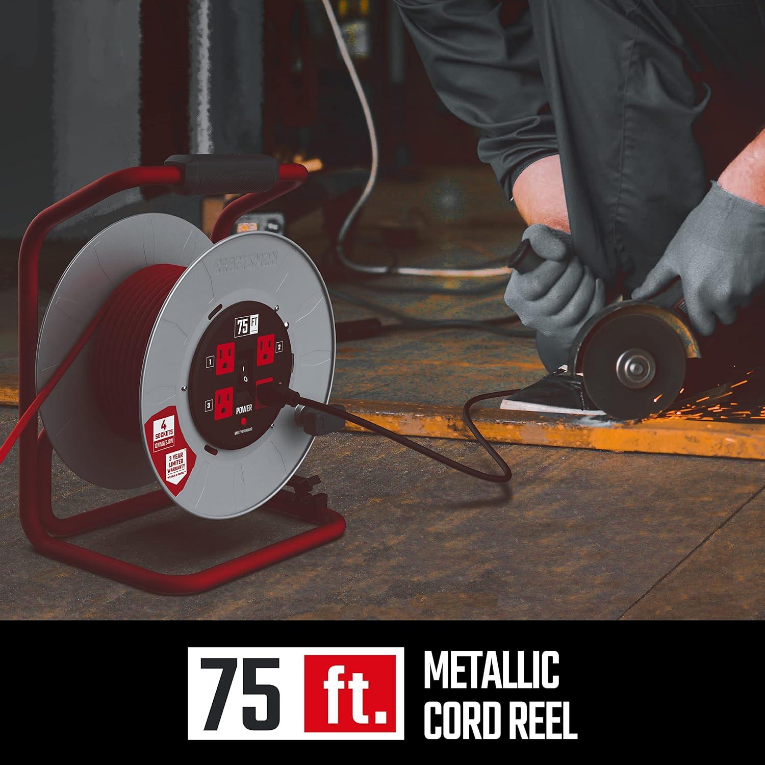 image:imageCRAFTSMAN 100 Ft Contractor Retractable Extension Cord Reel with 4 Outlets amp Heavy Duty 12AWG SJTW Cable75 ft