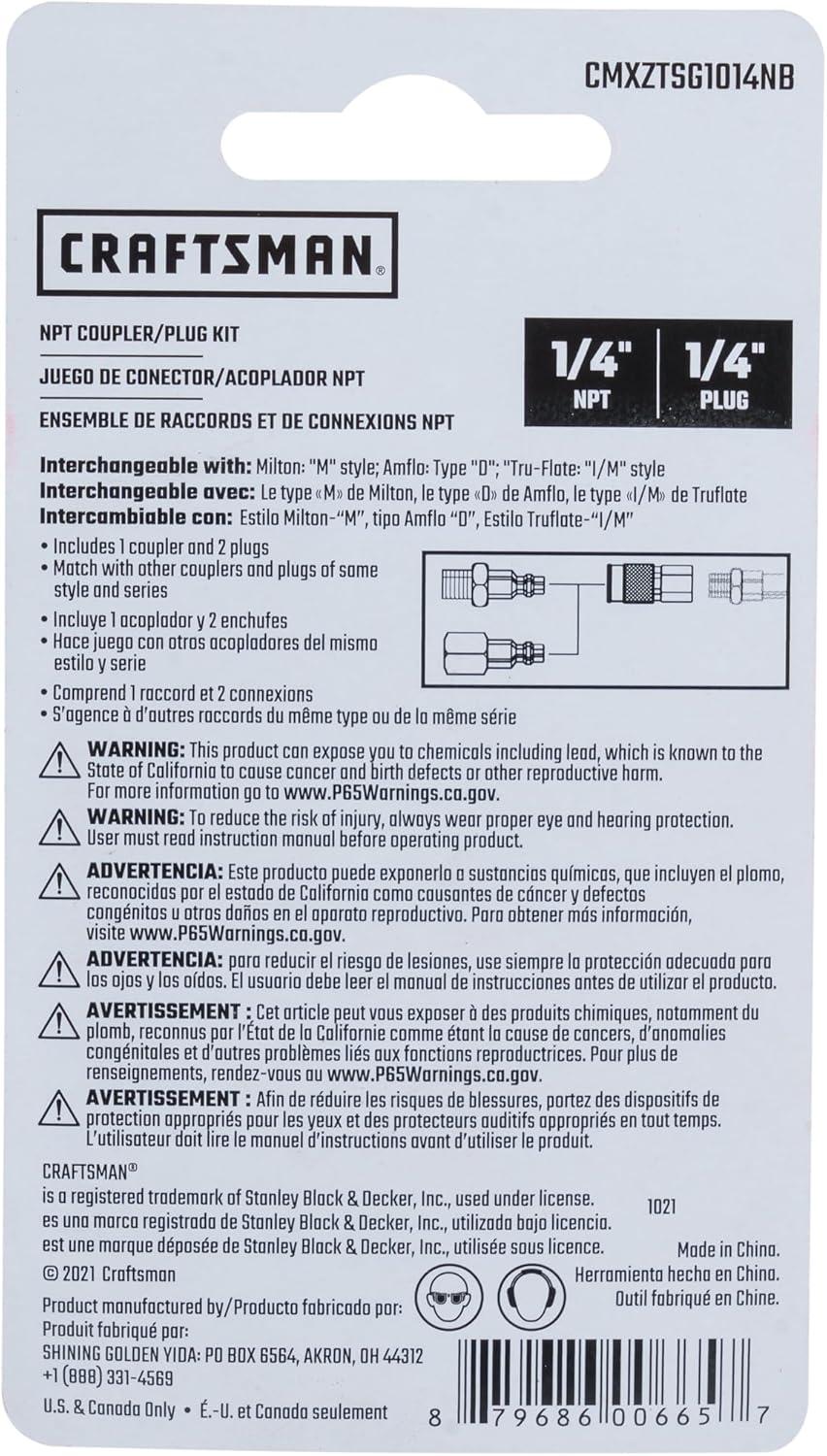 image:imageCRAFTSMAN 14in NPT Universal CouplerPlug Kit 3Piece Industrial Interchange Steel and Brass Construction