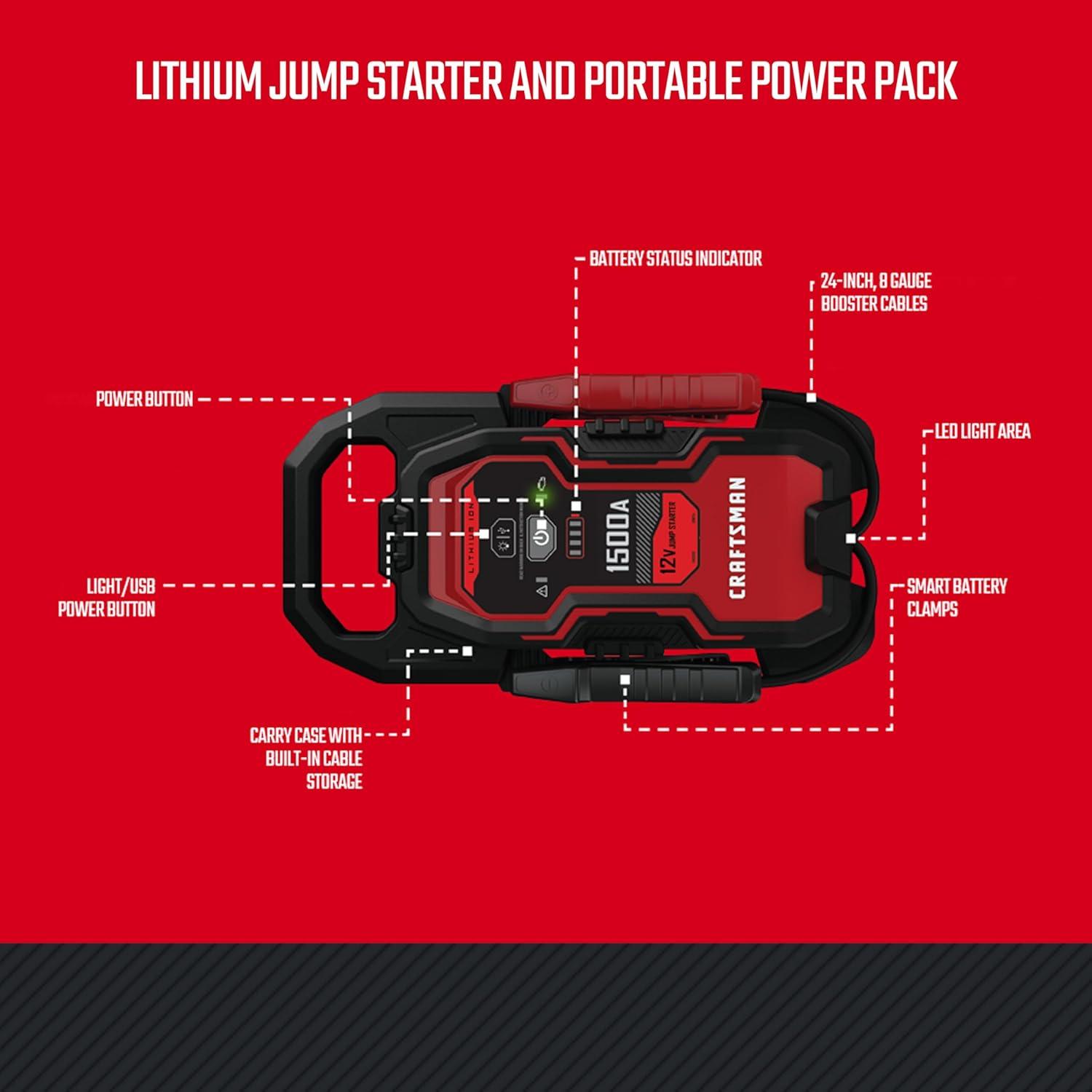 image:imageCRAFTSMAN 1500A Lithium Car Battery Jump Starter and Portable Power PackJump Box 3in1 Solution 24A USB Charging for 12V Power Sport Automotive and Marine Batteries CMXCESM2641500 Amp