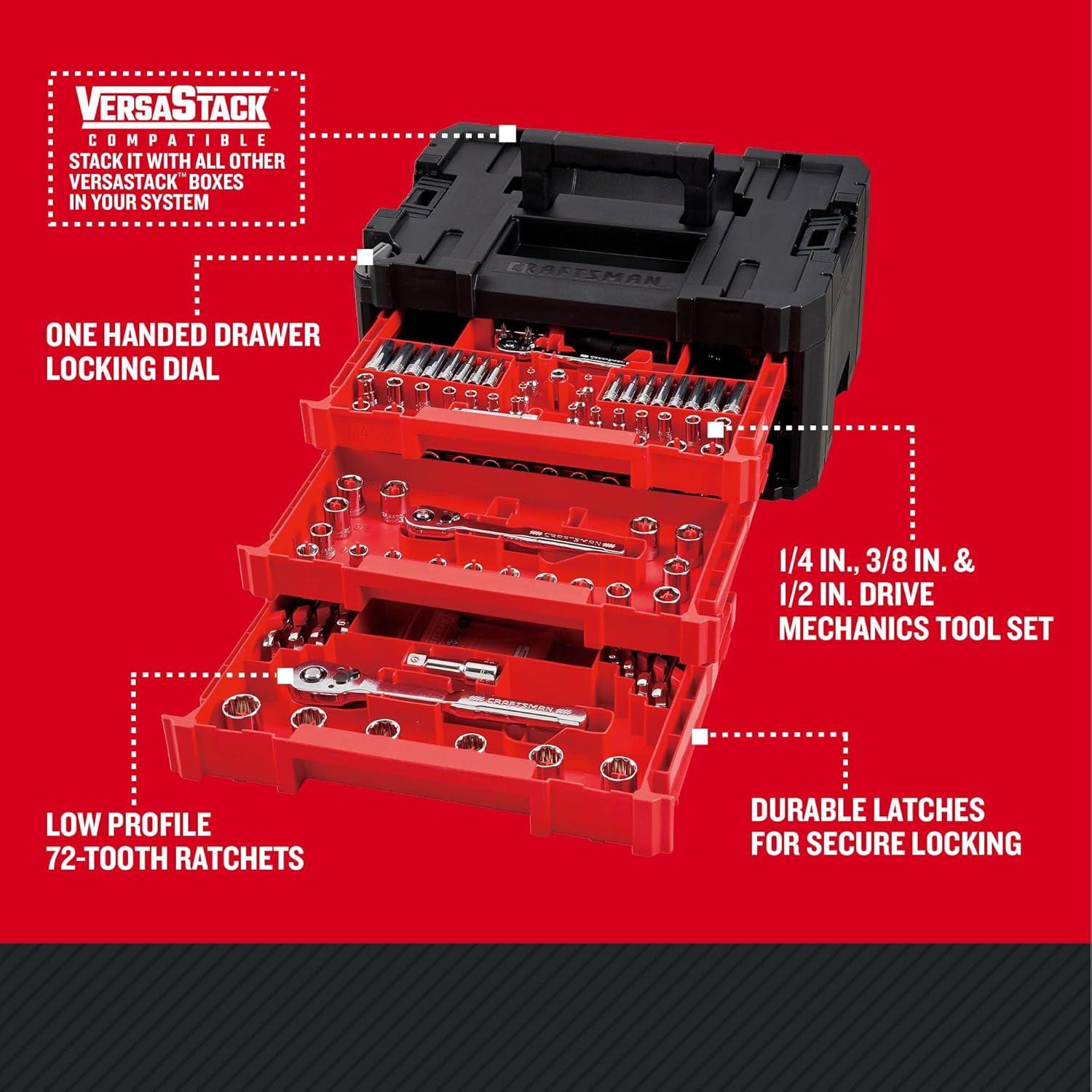 image:imageCRAFTSMAN 230 Pcs Mechanics Tool Set Socket Wrench Set Car Tool Kit with VERSASTACK Toolbox SAE and Metric14 in 38 in and 12 Drive Short and Long Arm Hex Keys CMMT45306New 230 Piece Set