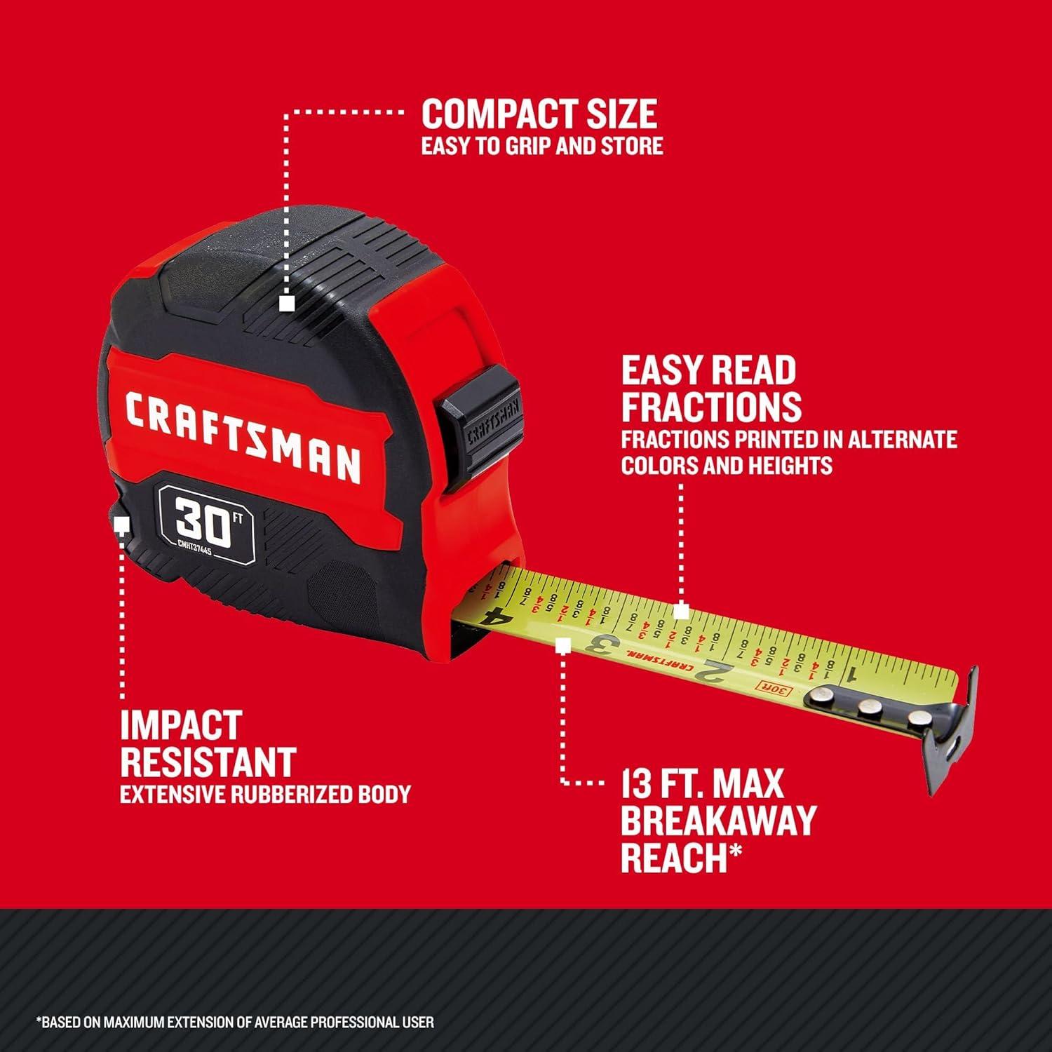 image:imageCRAFTSMAN 30ft Tape Measure with Fraction Markings Retractable CMHT37445SPack of 1