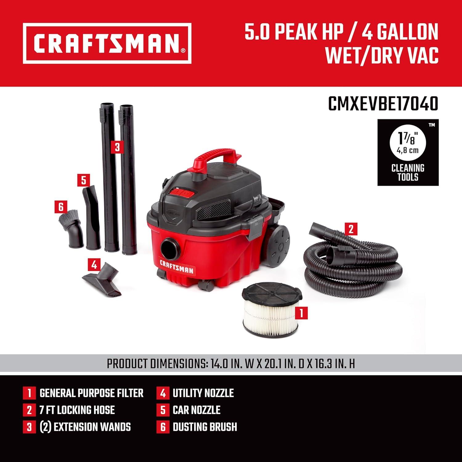image:imageCRAFTSMAN CMXEVBE17040 4 Gallon 50 Peak HP Wet Dry Vac Portable Shop Vacuum Wet and Dry with Filter Hose and Attachments for Home and Automotive Cleaning4 Gallon 50 Peak HP
