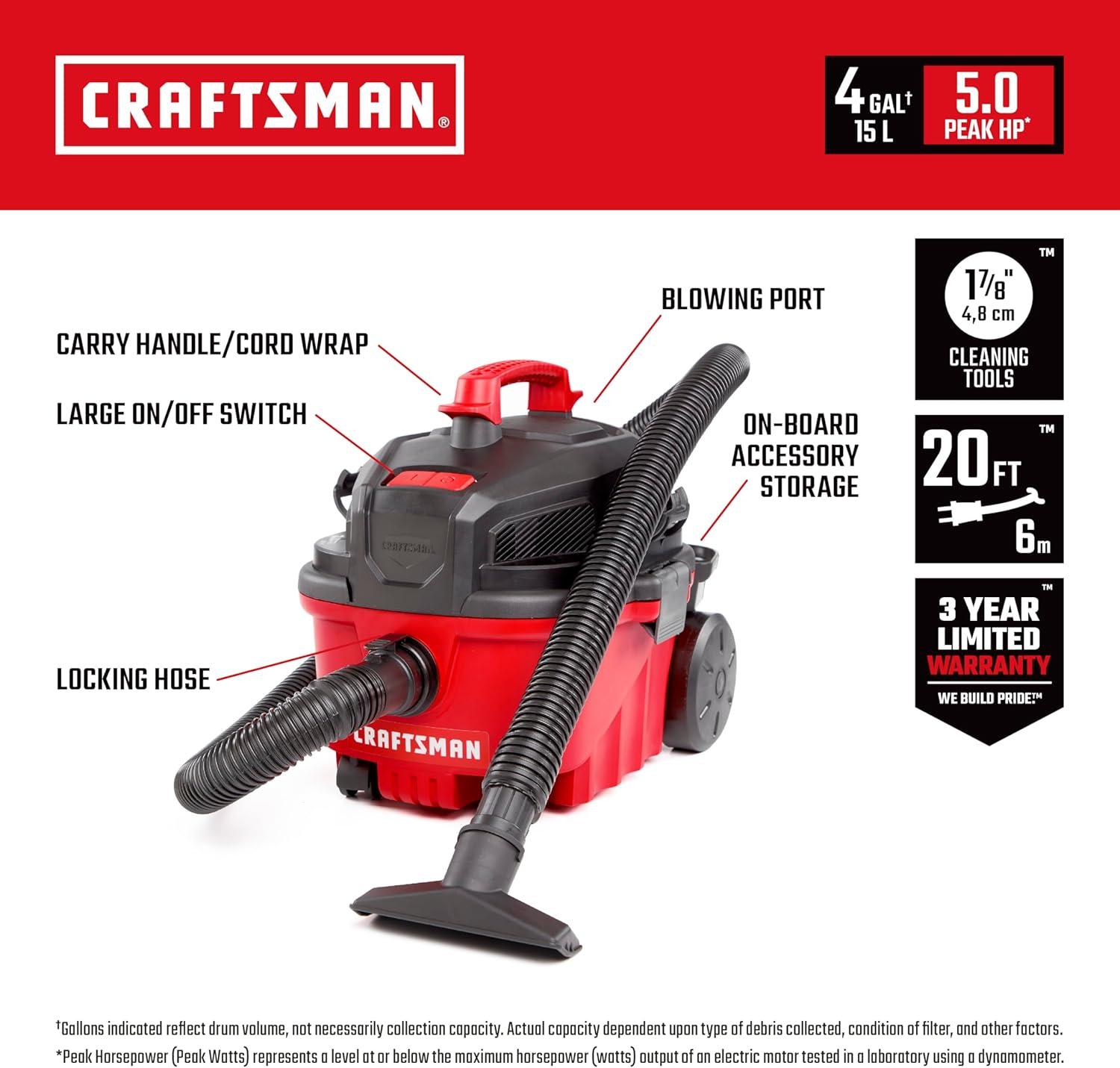 image:imageCRAFTSMAN CMXEVBE17040 4 Gallon 50 Peak HP Wet Dry Vac Portable Shop Vacuum Wet and Dry with Filter Hose and Attachments for Home and Automotive Cleaning4 Gallon 50 Peak HP