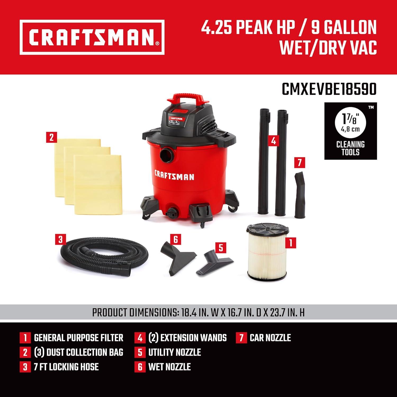 image:imageCRAFTSMAN CMXEVBE17590 9 Gallon 425 Peak HP Wet Dry Vac Portable Shop Vacuum Wet and Dry with Filter Dust Bag Hose and Attachments for Home Garage and Automotive Cleaning9 Gal 425 Peak HP w Dust Bags