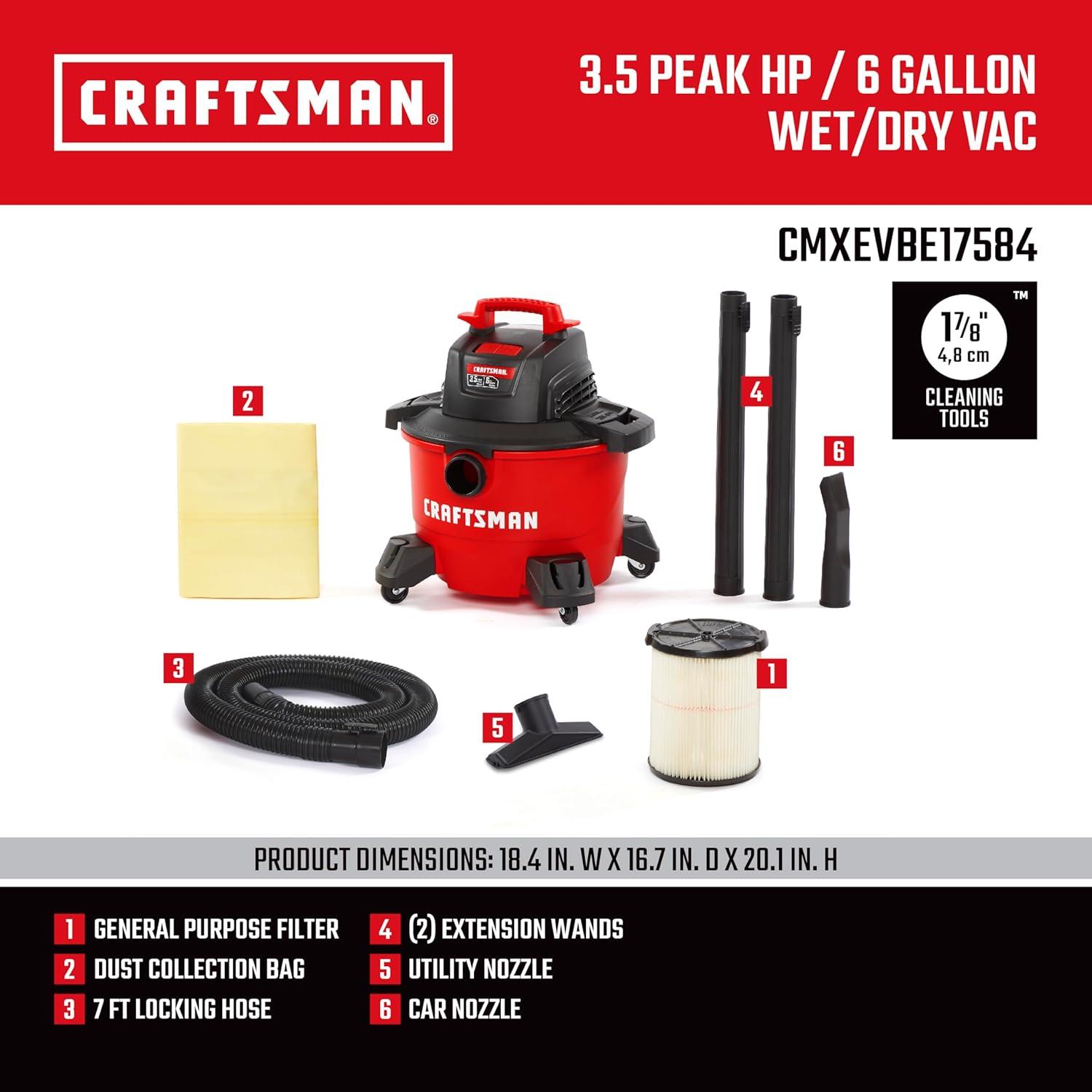 image:imageCRAFTSMAN CMXEVBE17590 9 Gallon 425 Peak HP Wet Dry Vac Portable Shop Vacuum Wet and Dry with Filter Dust Bag Hose and Attachments for Home Garage and Automotive Cleaning6 gallon 35 Peak Hp