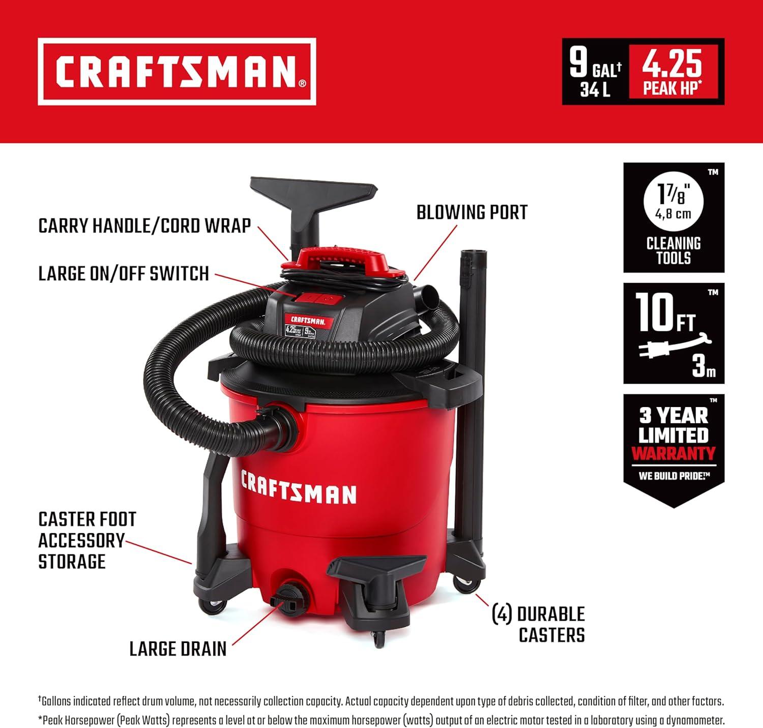 image:imageCRAFTSMAN CMXEVBE17590 9 Gallon 425 Peak HP Wet Dry Vac Portable Shop Vacuum Wet and Dry with Filter Dust Bag Hose and Attachments for Home Garage and Automotive Cleaning9 Gal 425 Peak HP w Dust Bags
