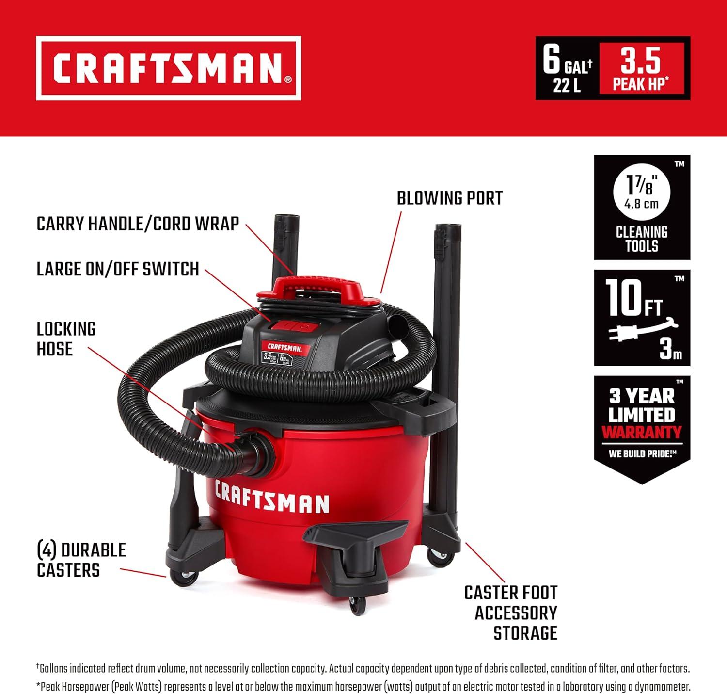 image:imageCRAFTSMAN CMXEVBE17590 9 Gallon 425 Peak HP Wet Dry Vac Portable Shop Vacuum Wet and Dry with Filter Dust Bag Hose and Attachments for Home Garage and Automotive Cleaning6 gallon 35 Peak Hp