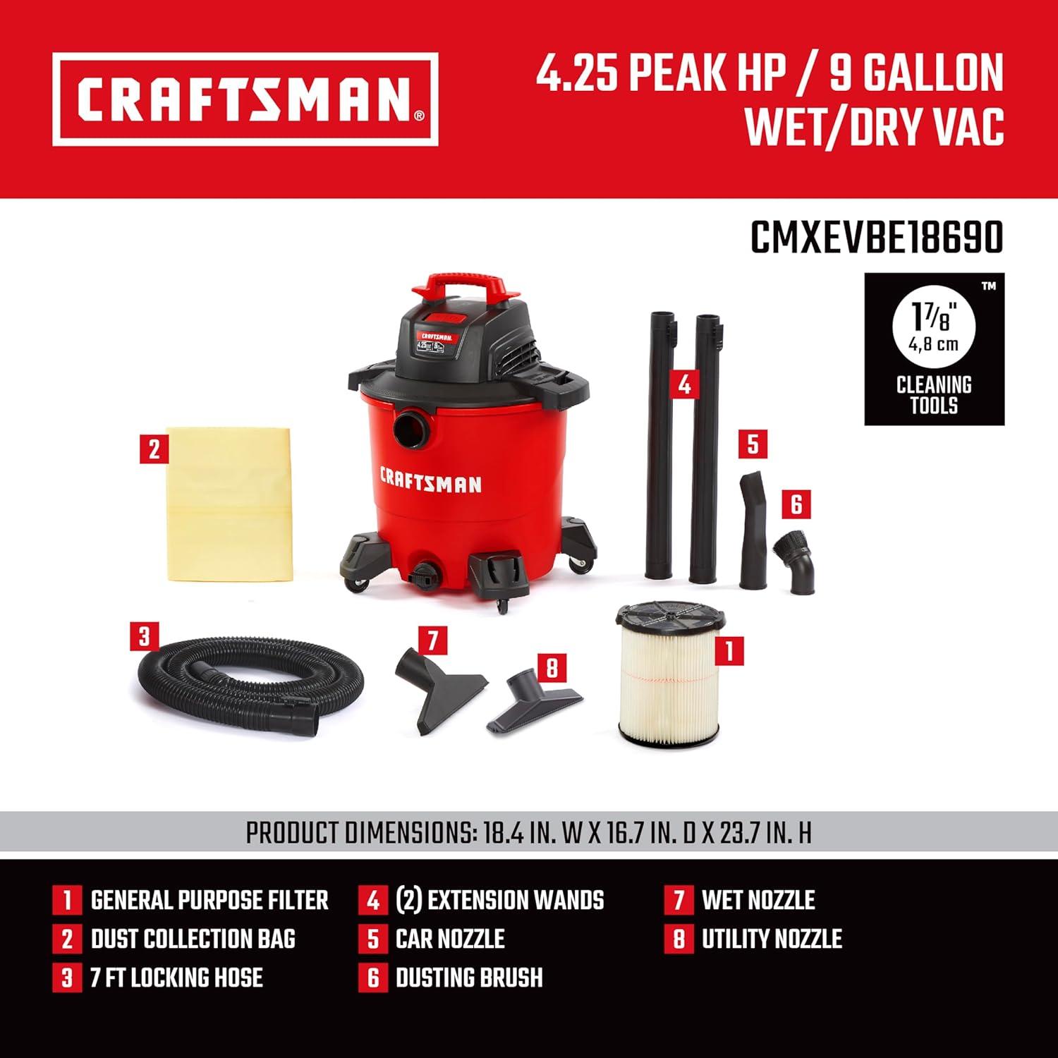 image:imageCRAFTSMAN CMXEVBE17590 9 Gallon 425 Peak HP Wet Dry Vac Portable Shop Vacuum Wet and Dry with Filter Dust Bag Hose and Attachments for Home Garage and Automotive Cleaning9 Gal 425 Peak HP w Dusting Brush