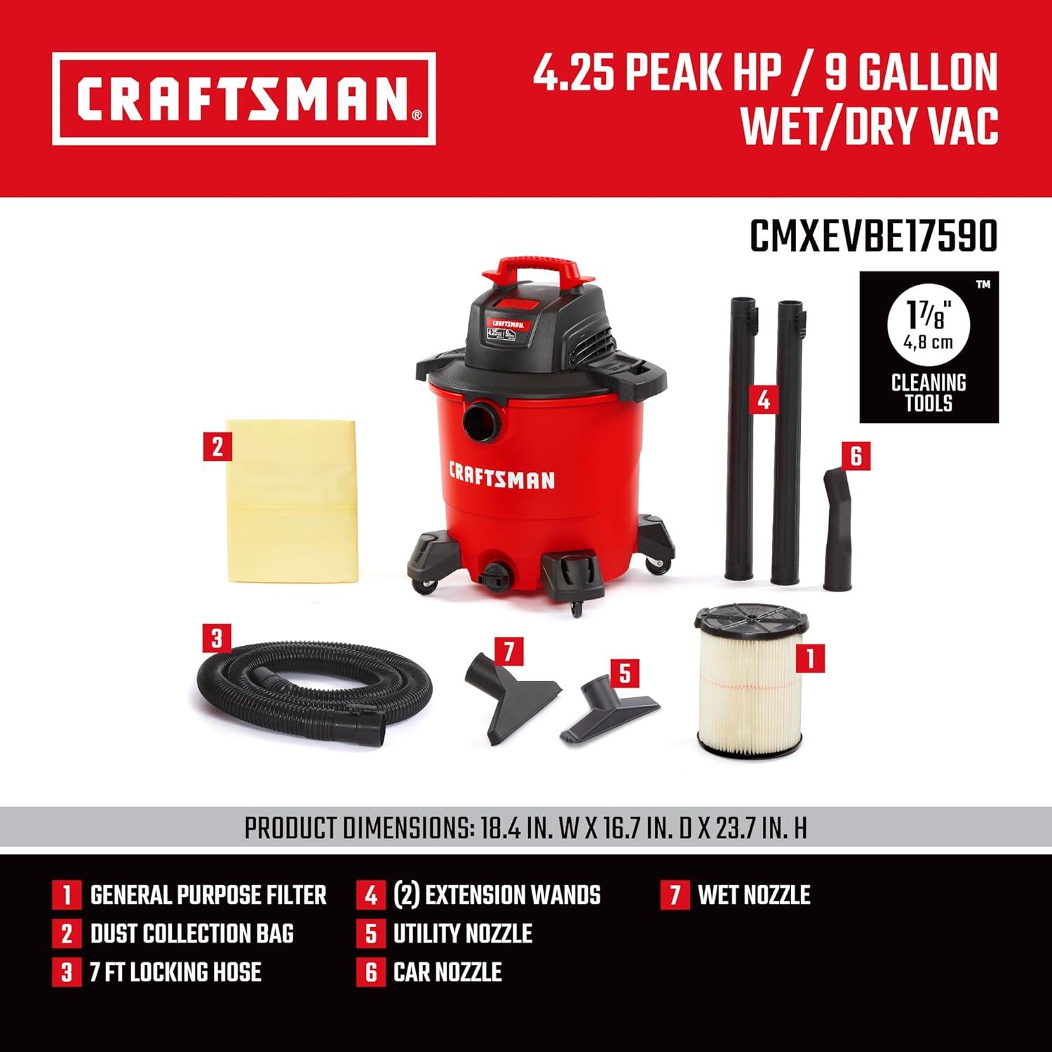 image:imageCRAFTSMAN CMXEVBE17590 9 Gallon 425 Peak HP Wet Dry Vac Portable Shop Vacuum Wet and Dry with Filter Dust Bag Hose and Attachments for Home Garage and Automotive Cleaning9 gallon 425 Peak Hp