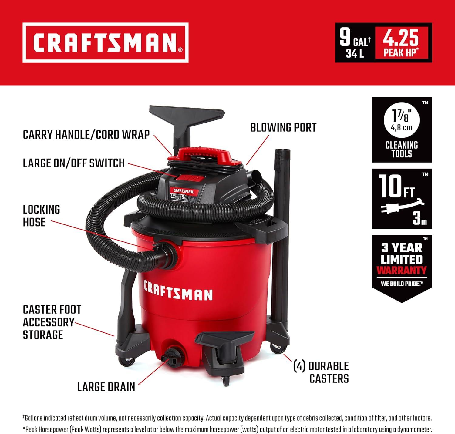 image:imageCRAFTSMAN CMXEVBE17590 9 Gallon 425 Peak HP Wet Dry Vac Portable Shop Vacuum Wet and Dry with Filter Dust Bag Hose and Attachments for Home Garage and Automotive Cleaning9 Gal 425 Peak HP w Dusting Brush