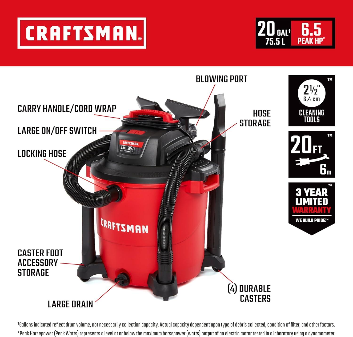 image:imageCRAFTSMAN CMXEVBE17595 16 Gallon 65 Peak HP Wet Dry Vac HeavyDuty Shop Vacuum Wet and Dry with Filter Dust Bag Hose and Attachments for Home Projects amp Renovations20 Gallon 65 Peak HP wFilter Dust Bag Hose