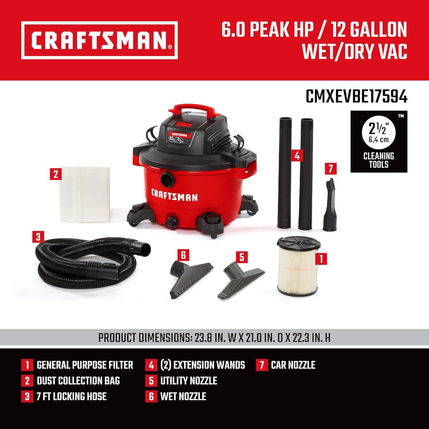 image:imageCRAFTSMAN CMXEVBE17595 16 Gallon 65 Peak HP Wet Dry Vac HeavyDuty Shop Vacuum Wet and Dry with Filter Dust Bag Hose and Attachments for Home Projects amp Renovations12 Gallon 60 Peak HP wFilter Dust Bag Hose