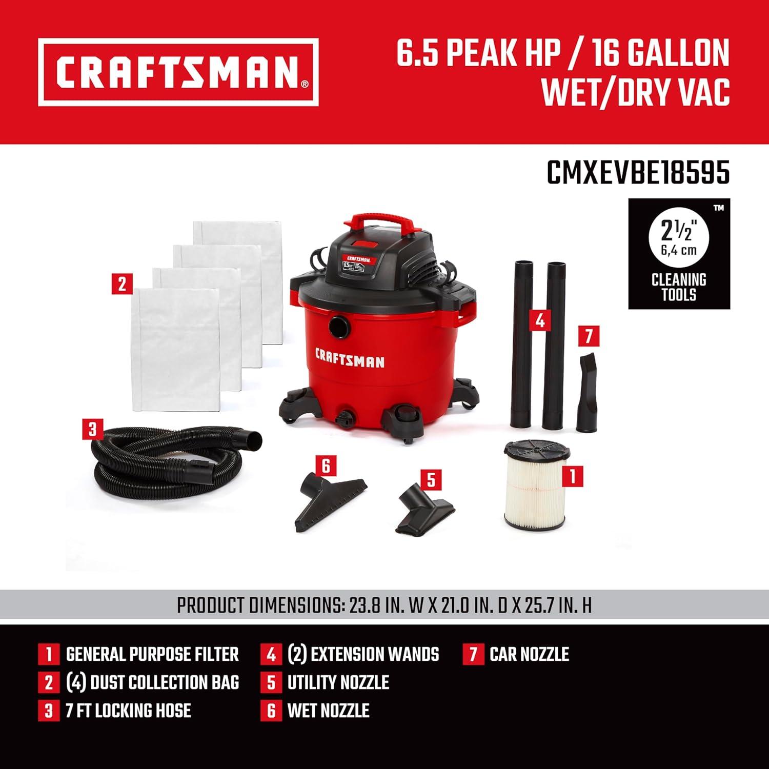 image:imageCRAFTSMAN CMXEVBE17595 16 Gallon 65 Peak HP Wet Dry Vac HeavyDuty Shop Vacuum Wet and Dry with Filter Dust Bag Hose and Attachments for Home Projects amp Renovations16 Gallon 65 Peak HP w4 Dust Bags