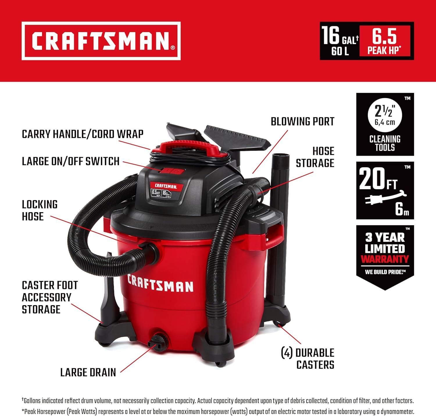 image:imageCRAFTSMAN CMXEVBE17595 16 Gallon 65 Peak HP Wet Dry Vac HeavyDuty Shop Vacuum Wet and Dry with Filter Dust Bag Hose and Attachments for Home Projects amp Renovations16 Gallon 65 Peak HP wFilter Dust Bag Hose