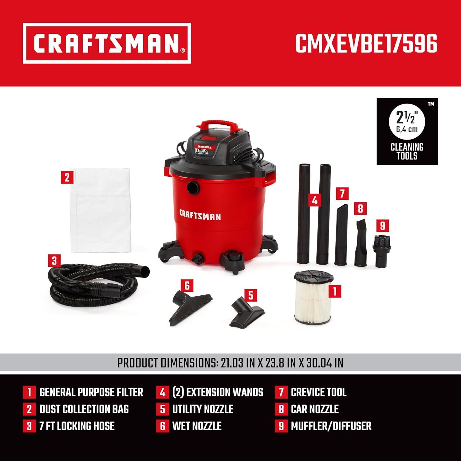 image:imageCRAFTSMAN CMXEVBE17595 16 Gallon 65 Peak HP Wet Dry Vac HeavyDuty Shop Vacuum Wet and Dry with Filter Dust Bag Hose and Attachments for Home Projects amp Renovations20 Gallon 65 Peak HP wFilter Dust Bag Hose