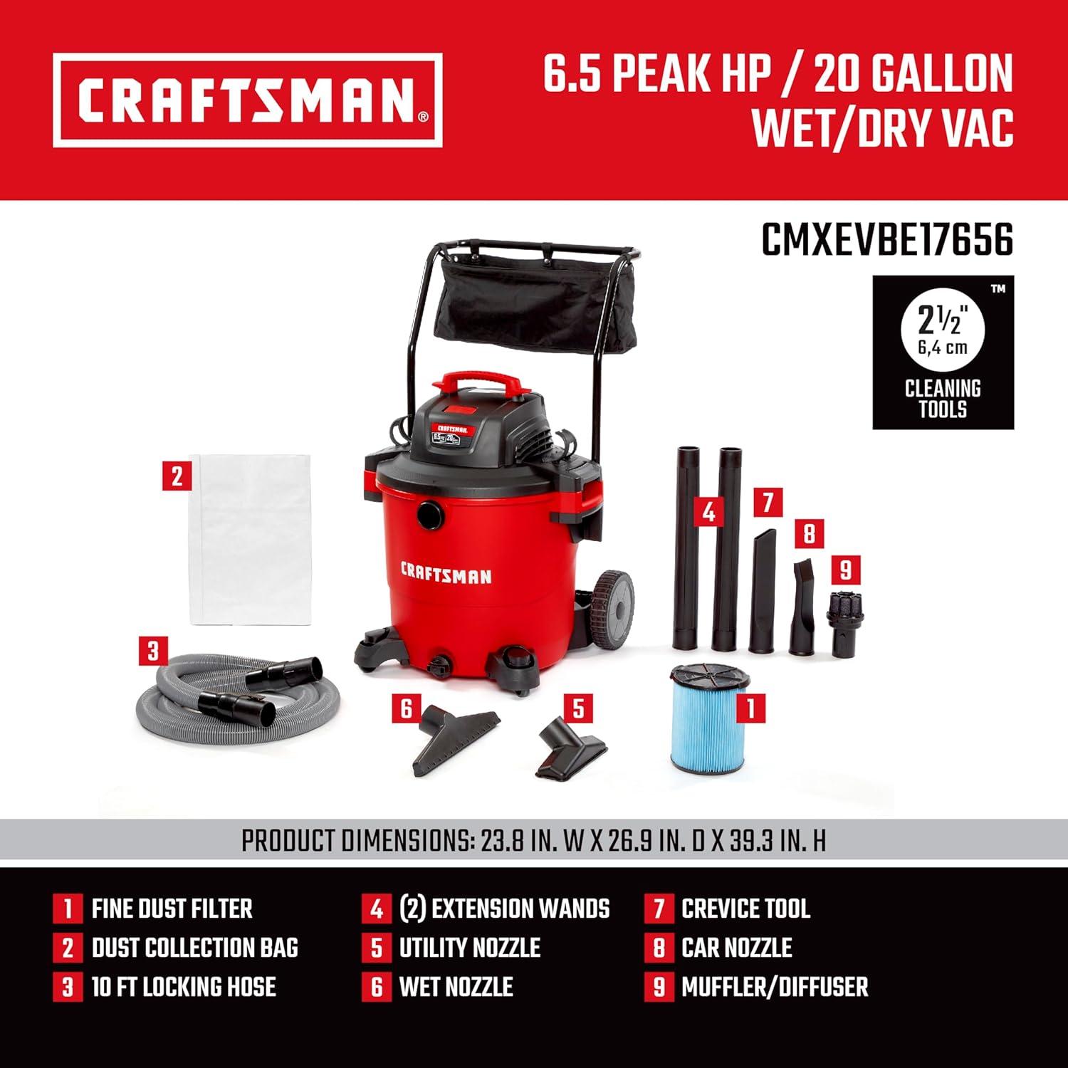 image:imageCRAFTSMAN CMXEVBE17595 16 Gallon 65 Peak HP Wet Dry Vac HeavyDuty Shop Vacuum Wet and Dry with Filter Dust Bag Hose and Attachments for Home Projects amp Renovations20 Gallon 65 Peak HP wCart