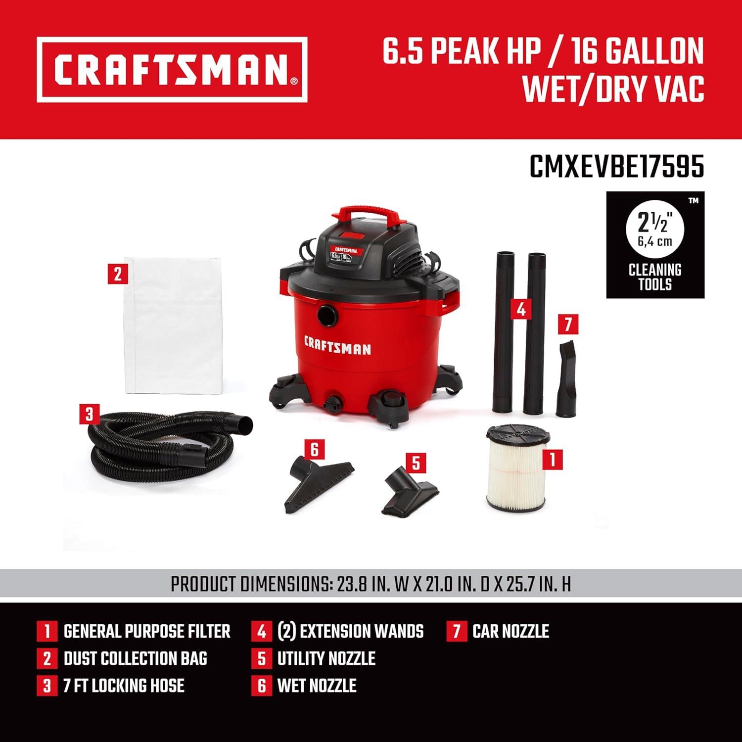 image:imageCRAFTSMAN CMXEVBE17595 16 Gallon 65 Peak HP Wet Dry Vac HeavyDuty Shop Vacuum Wet and Dry with Filter Dust Bag Hose and Attachments for Home Projects amp Renovations16 Gallon 65 Peak HP wFilter Dust Bag Hose