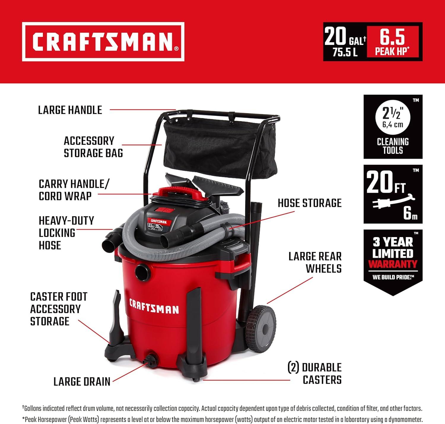 image:imageCRAFTSMAN CMXEVBE17595 16 Gallon 65 Peak HP Wet Dry Vac HeavyDuty Shop Vacuum Wet and Dry with Filter Dust Bag Hose and Attachments for Home Projects amp Renovations20 Gallon 65 Peak HP wCart